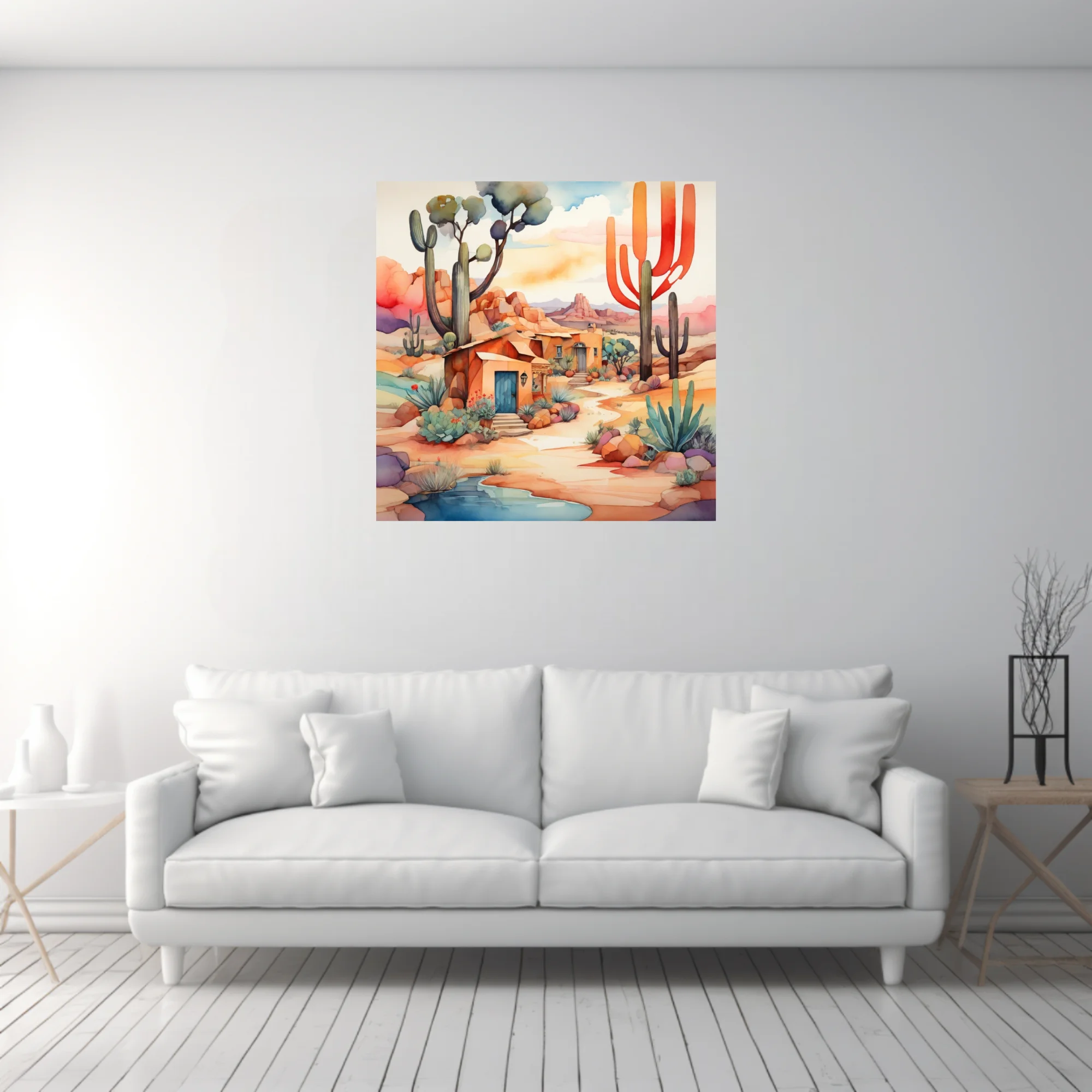 Vibrant watercolor-style Southwestern desert landscape with adobe structures and cacti