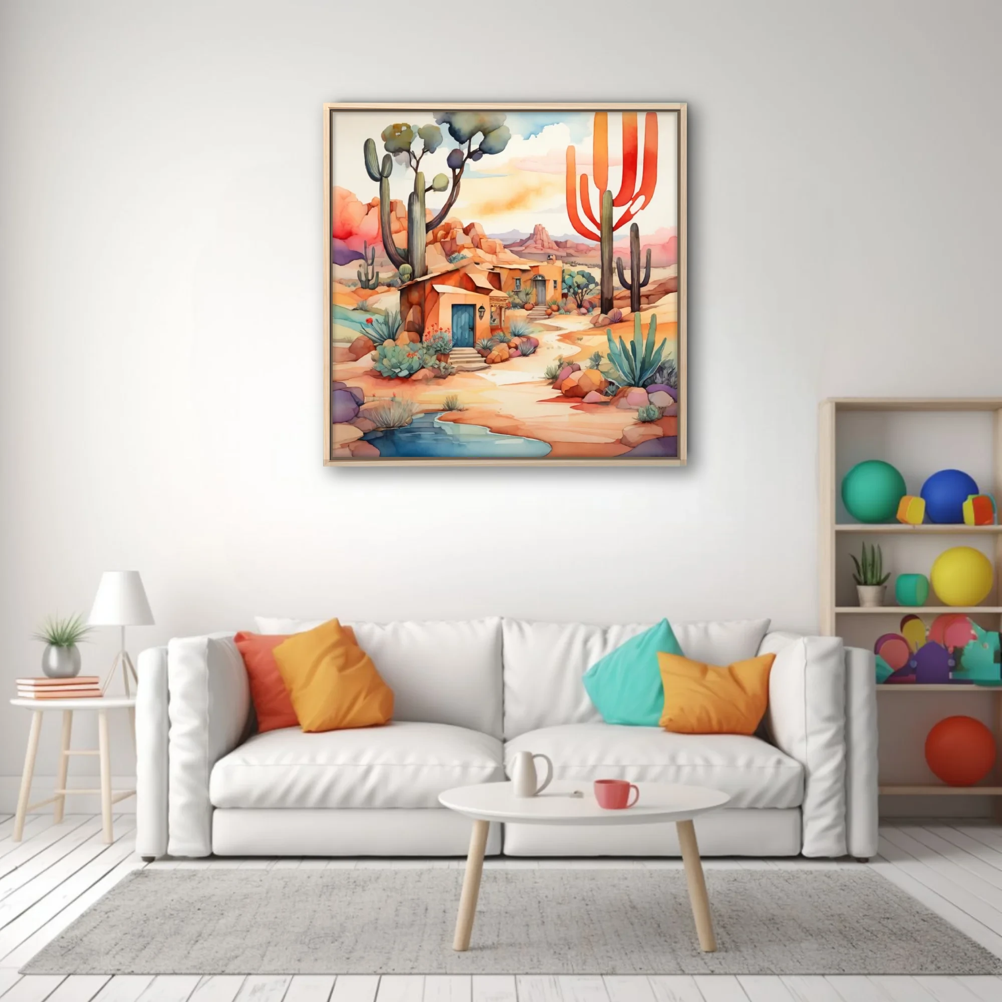 Vibrant watercolor-style Southwestern desert landscape with adobe structures and cacti