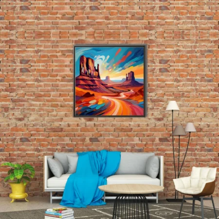 Expressive southwestern desert landscape with mesas, winding road and sunset sky in vivid color