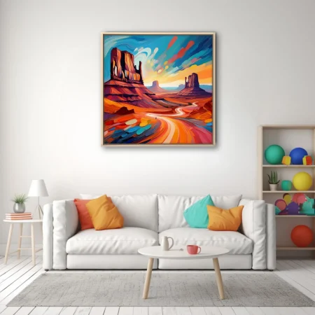 Expressive southwestern desert landscape with mesas, winding road and sunset sky in vivid color