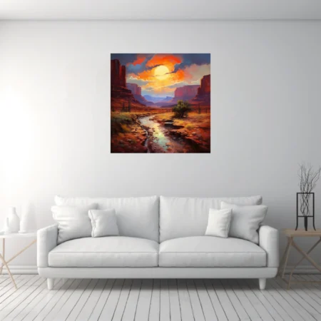 Painterly southwestern canyon at sunset with mesas, stream, and fiery sky in desert landscape