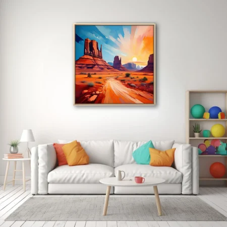 Bold painterly southwestern desert landscape with red mesas, sunburst sky, and warm terracotta tones