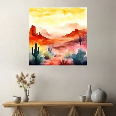 Watercolor-style desert landscape with saguaro cacti, red mesas, and warm sunset palette