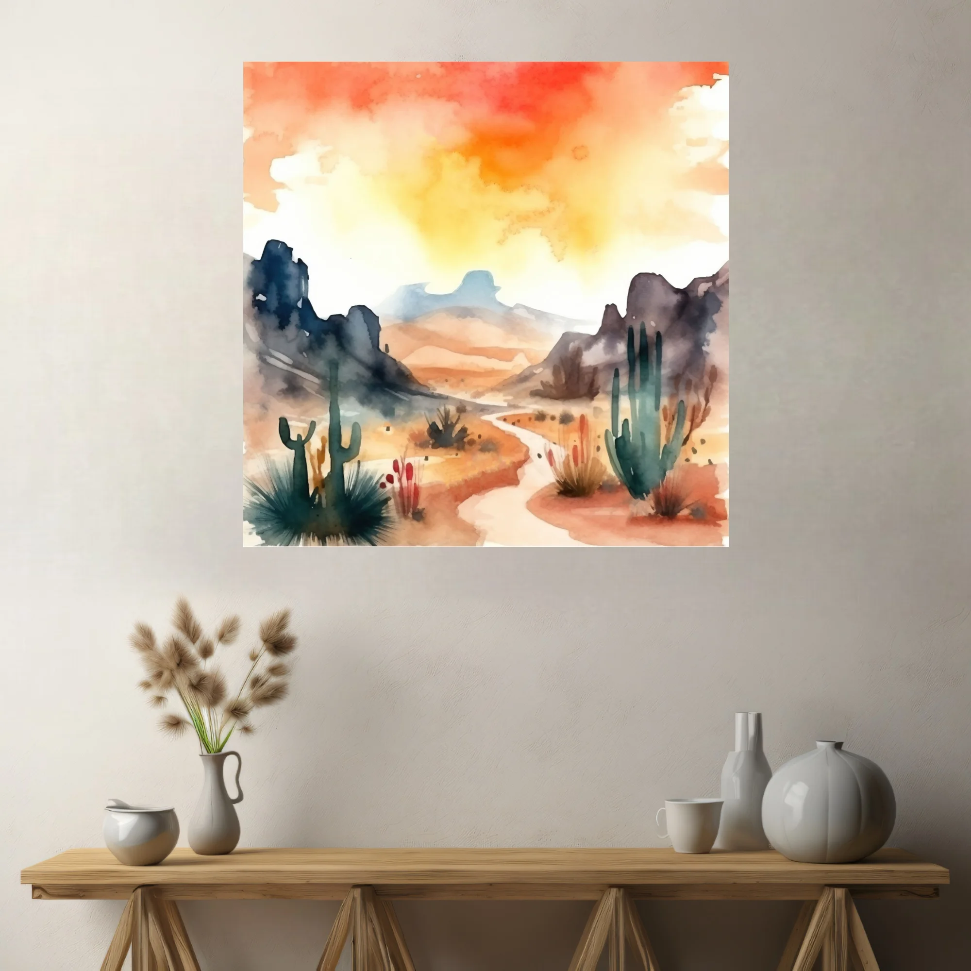 Watercolor-style Southwest desert landscape with saguaro cacti and fiery sunset sky