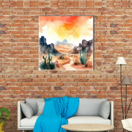 Watercolor-style Southwest desert landscape with saguaro cacti and fiery sunset sky