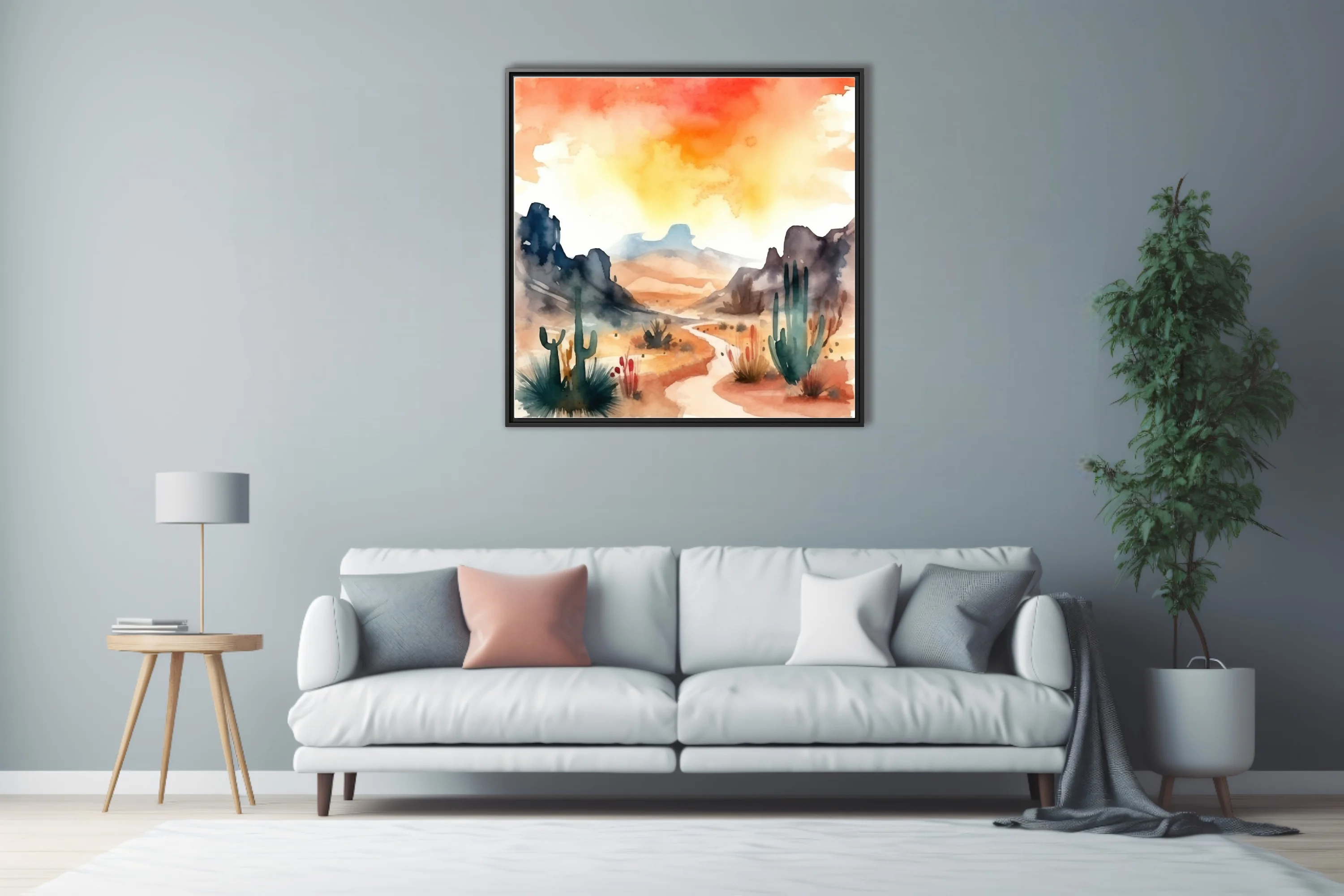 Watercolor-style Southwest desert landscape with saguaro cacti and fiery sunset sky