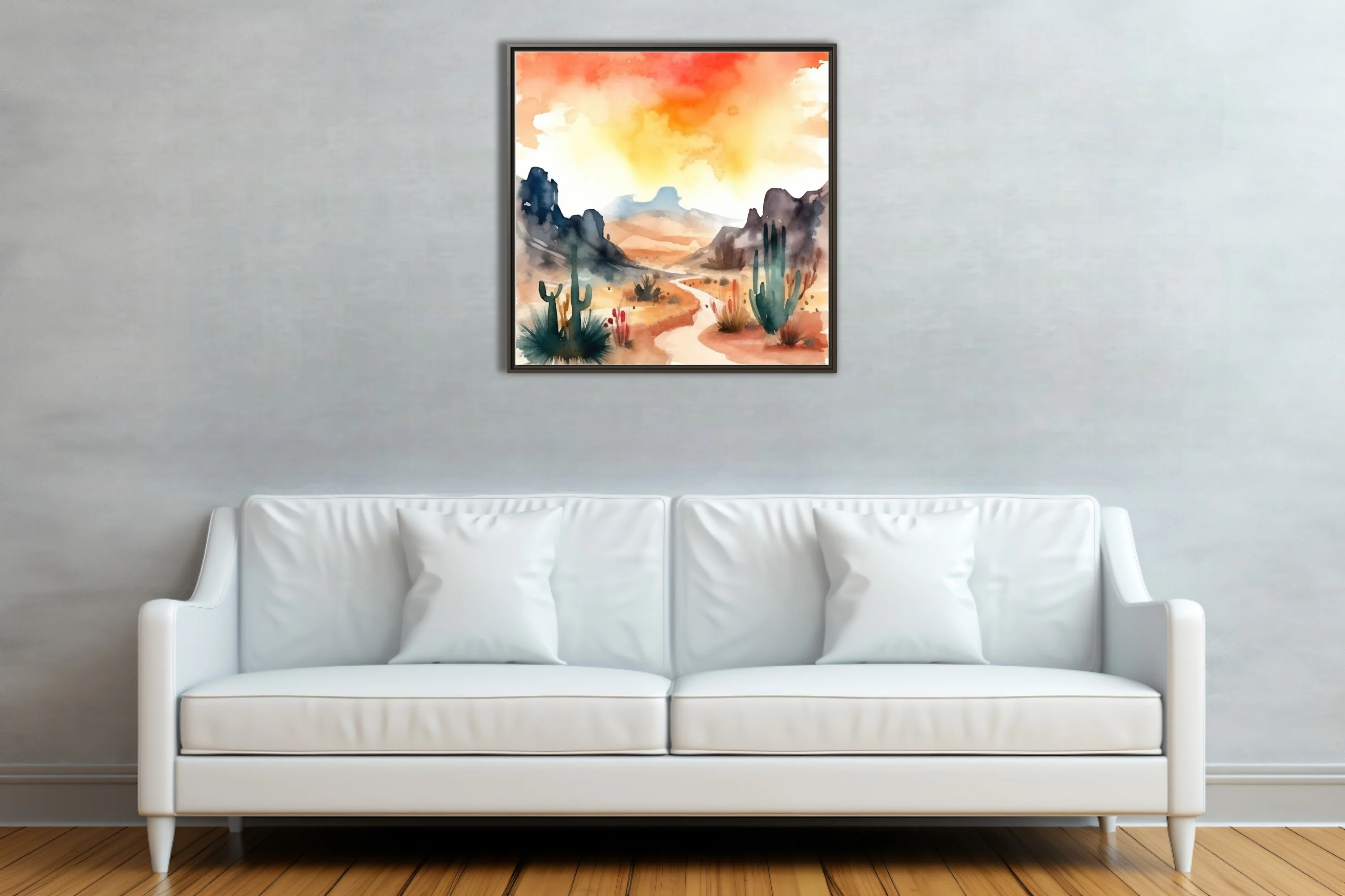 Watercolor-style Southwest desert landscape with saguaro cacti and fiery sunset sky