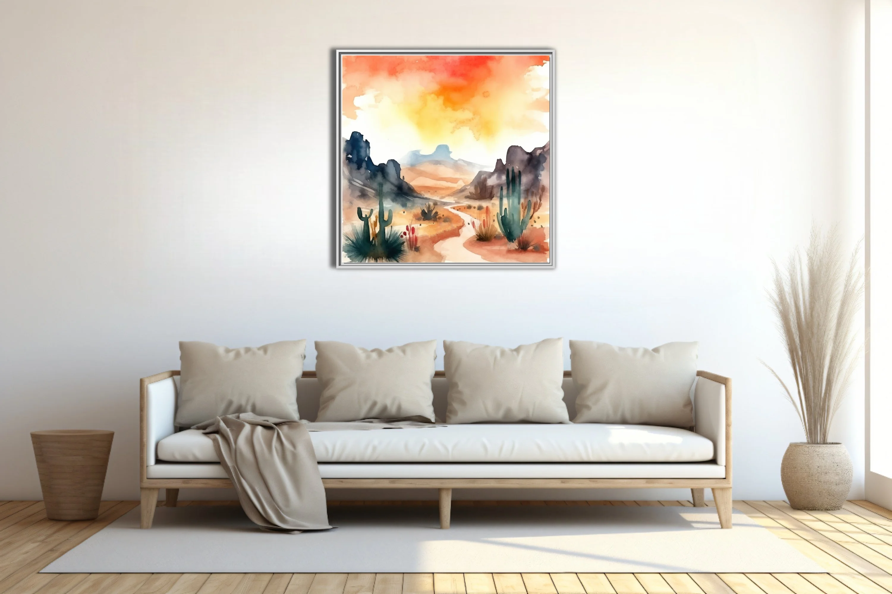 Watercolor-style Southwest desert landscape with saguaro cacti and fiery sunset sky