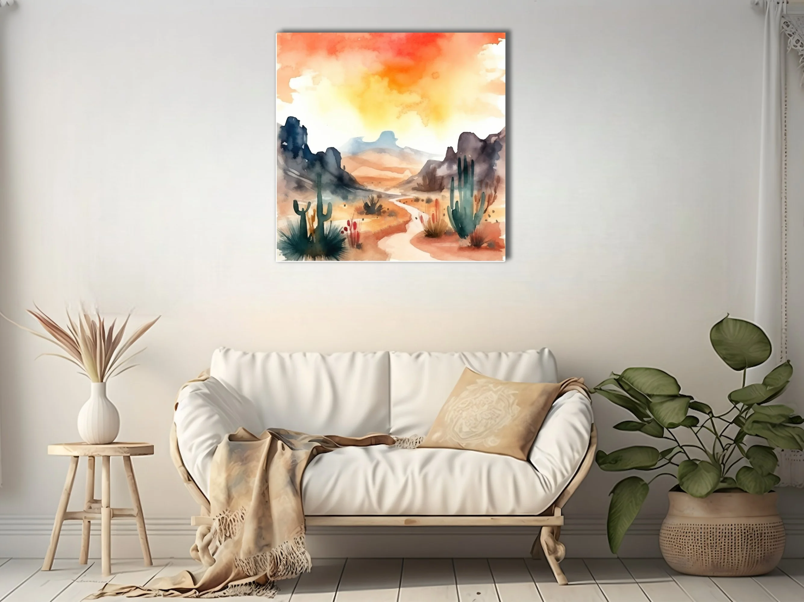 Watercolor-style Southwest desert landscape with saguaro cacti and fiery sunset sky