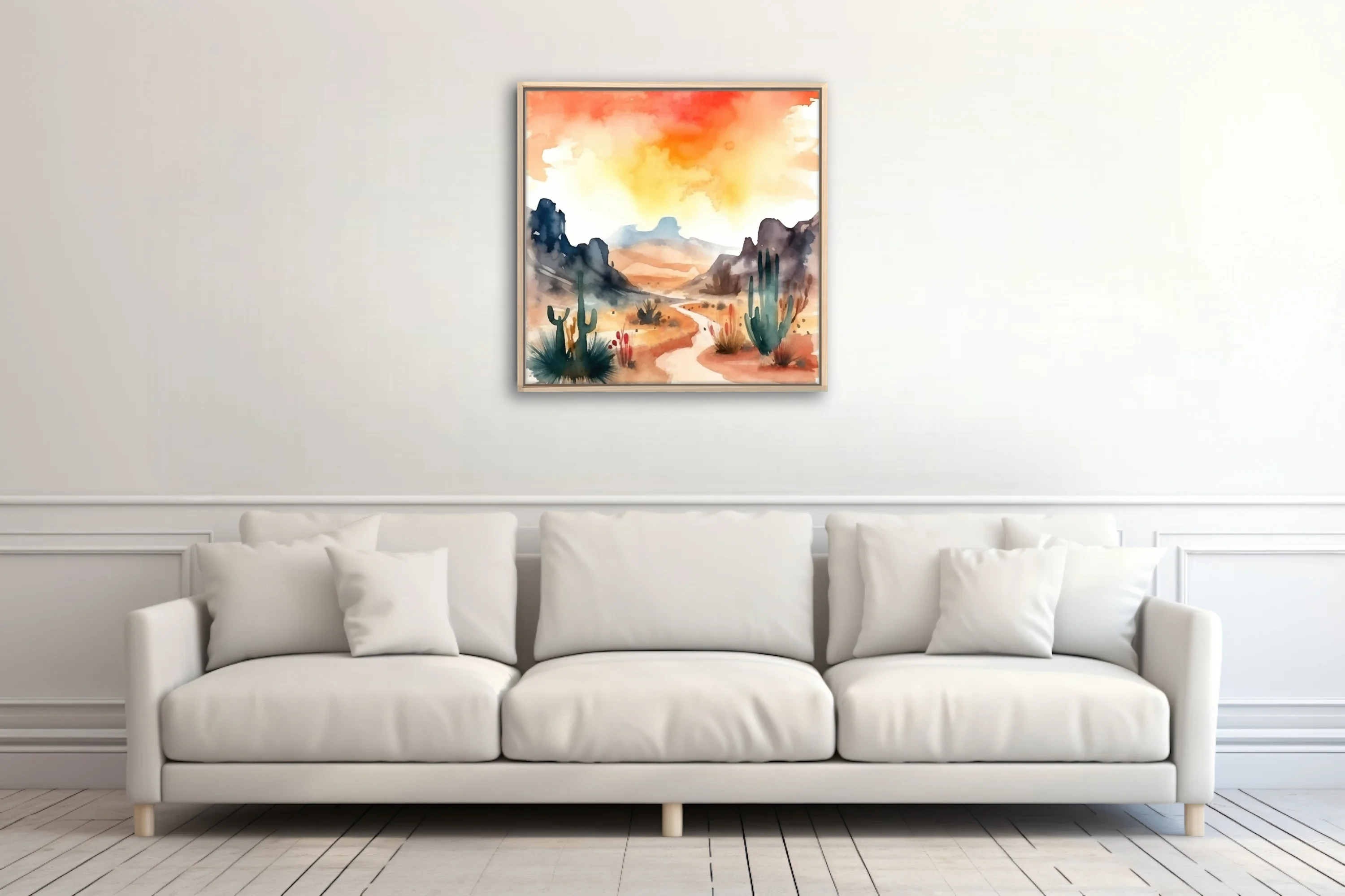 Watercolor-style Southwest desert landscape with saguaro cacti and fiery sunset sky