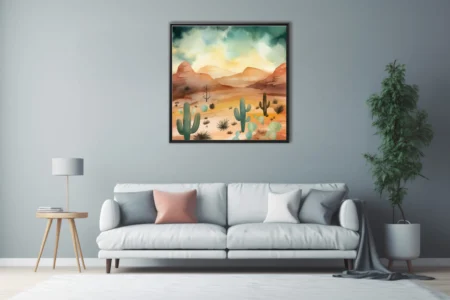 Watercolor-style boho desert landscape with cacti, mesas, and stormy sky in warm earthy tones