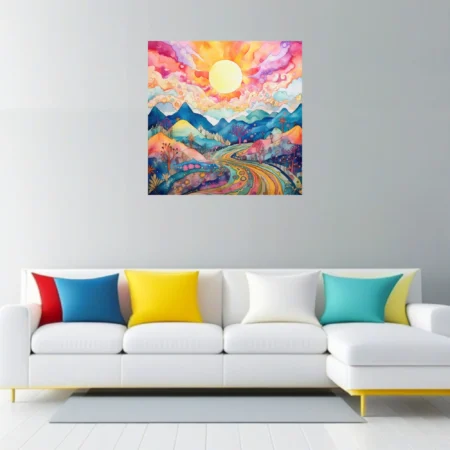 Whimsical fantasy landscape watercolor-style art, vivid rainbow palette with glowing sun and stylized flora
