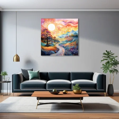 Boho fantasy landscape watercolor-style art with glowing sun, winding river, and vibrant trees