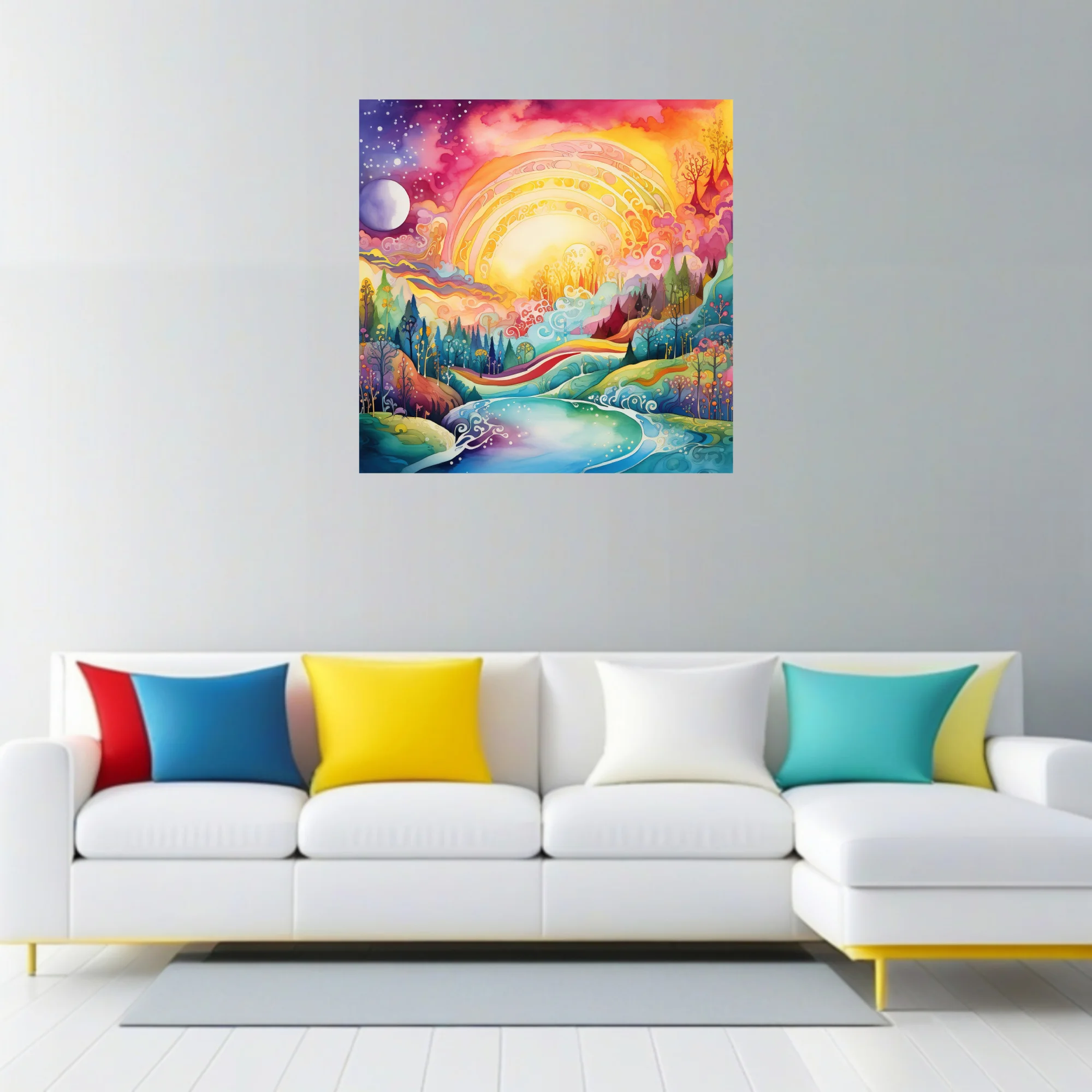 Psychedelic fantasy landscape watercolor-style art, glowing sun, rainbow palette, swirling river