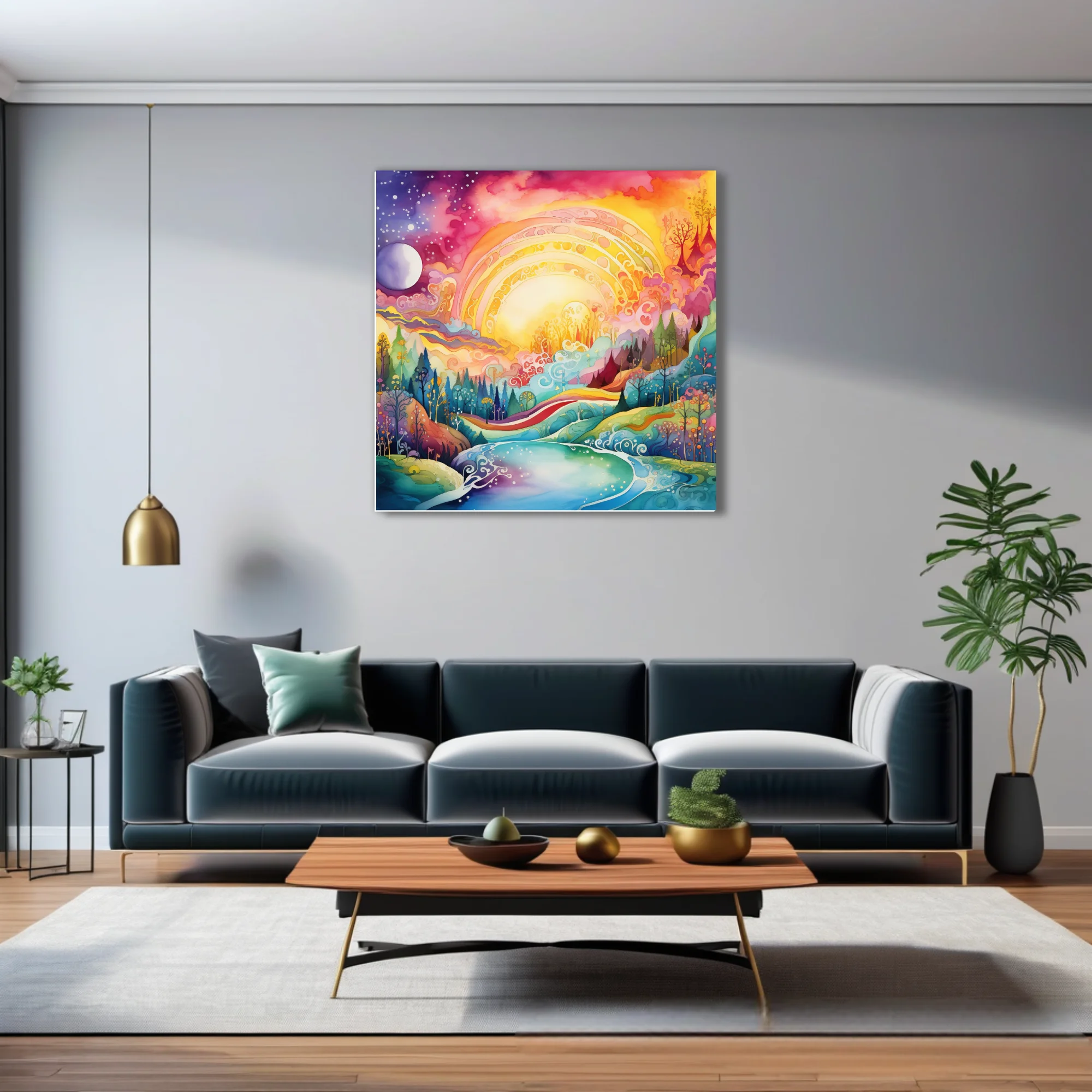 Psychedelic fantasy landscape watercolor-style art, glowing sun, rainbow palette, swirling river
