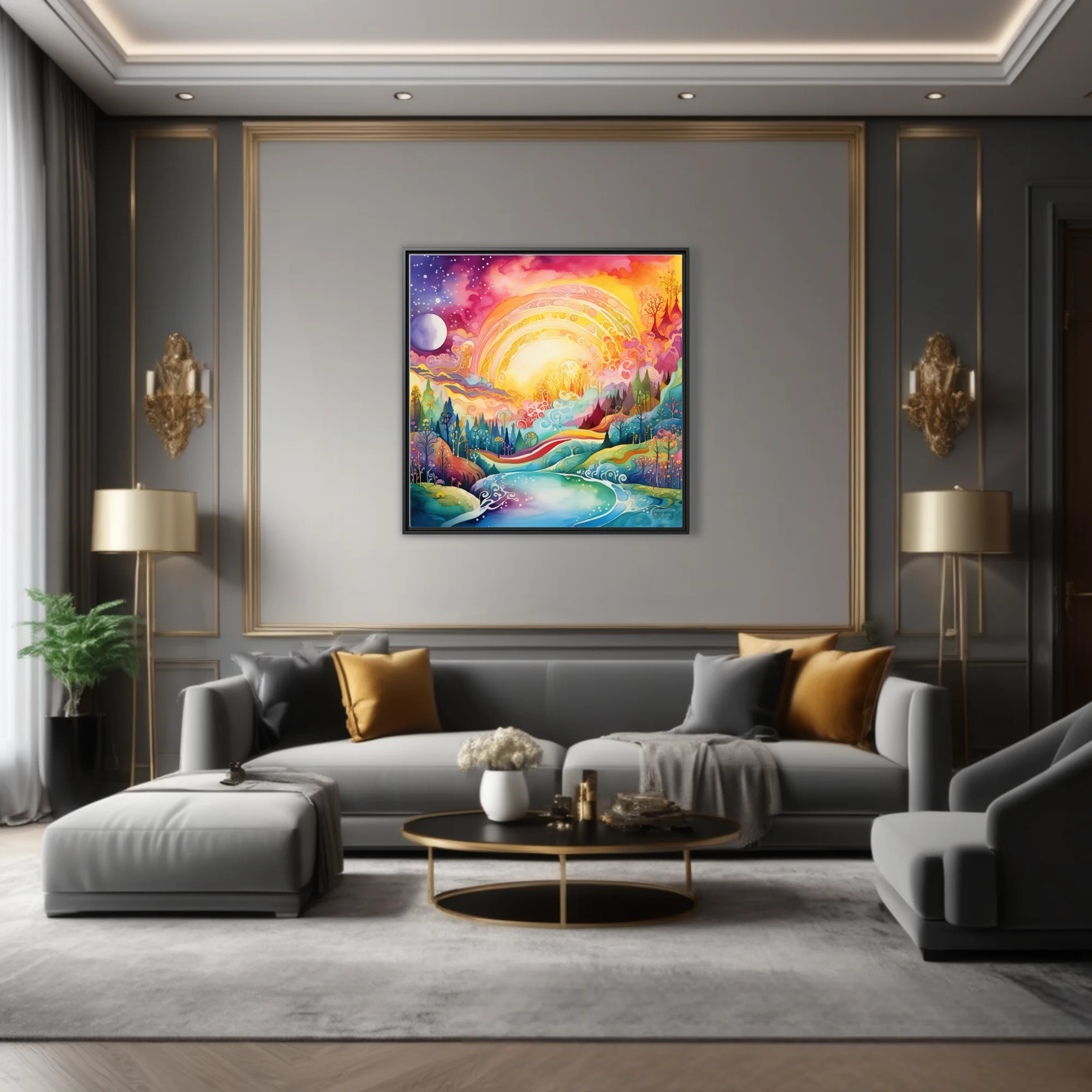 Psychedelic fantasy landscape watercolor-style art, glowing sun, rainbow palette, swirling river