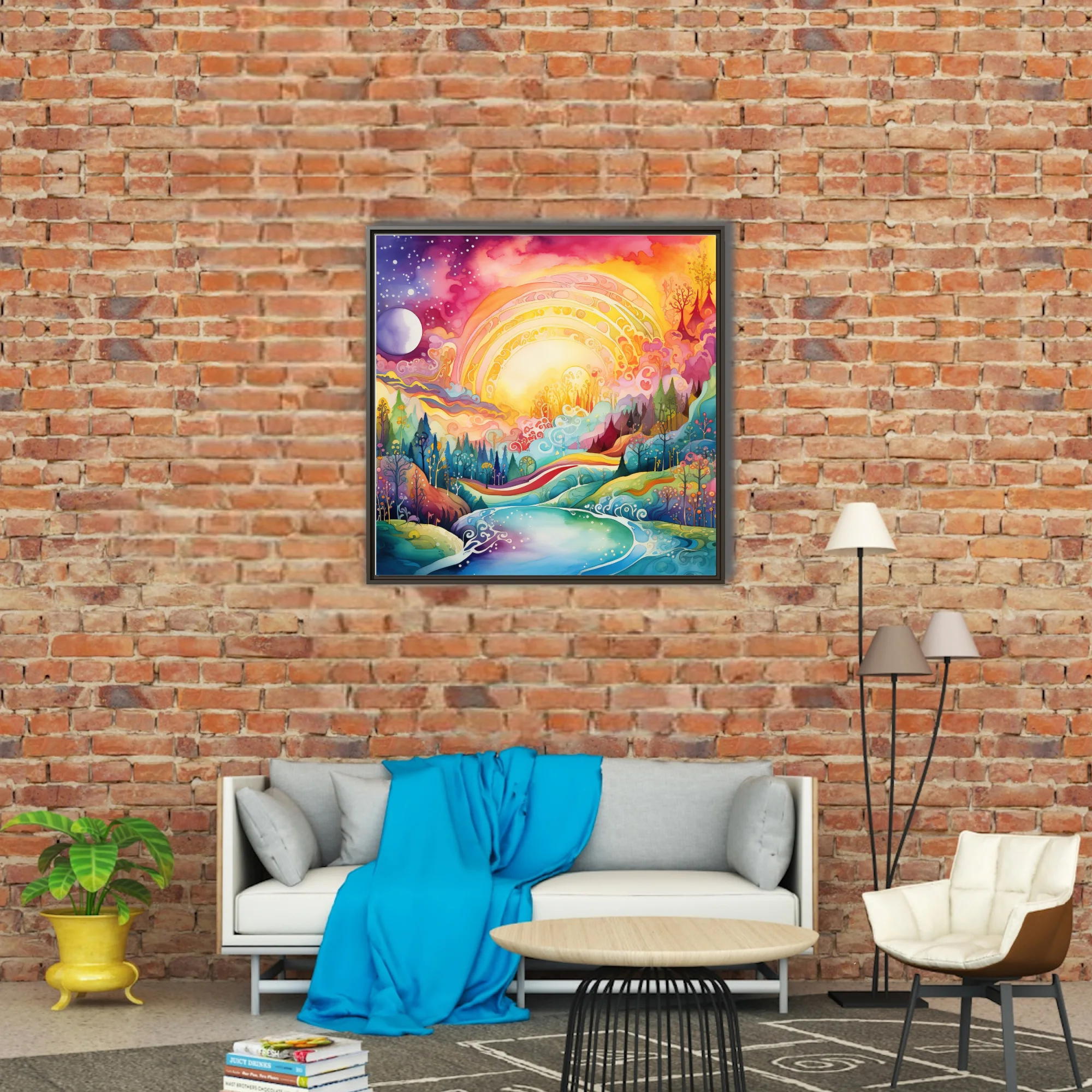 Psychedelic fantasy landscape watercolor-style art, glowing sun, rainbow palette, swirling river