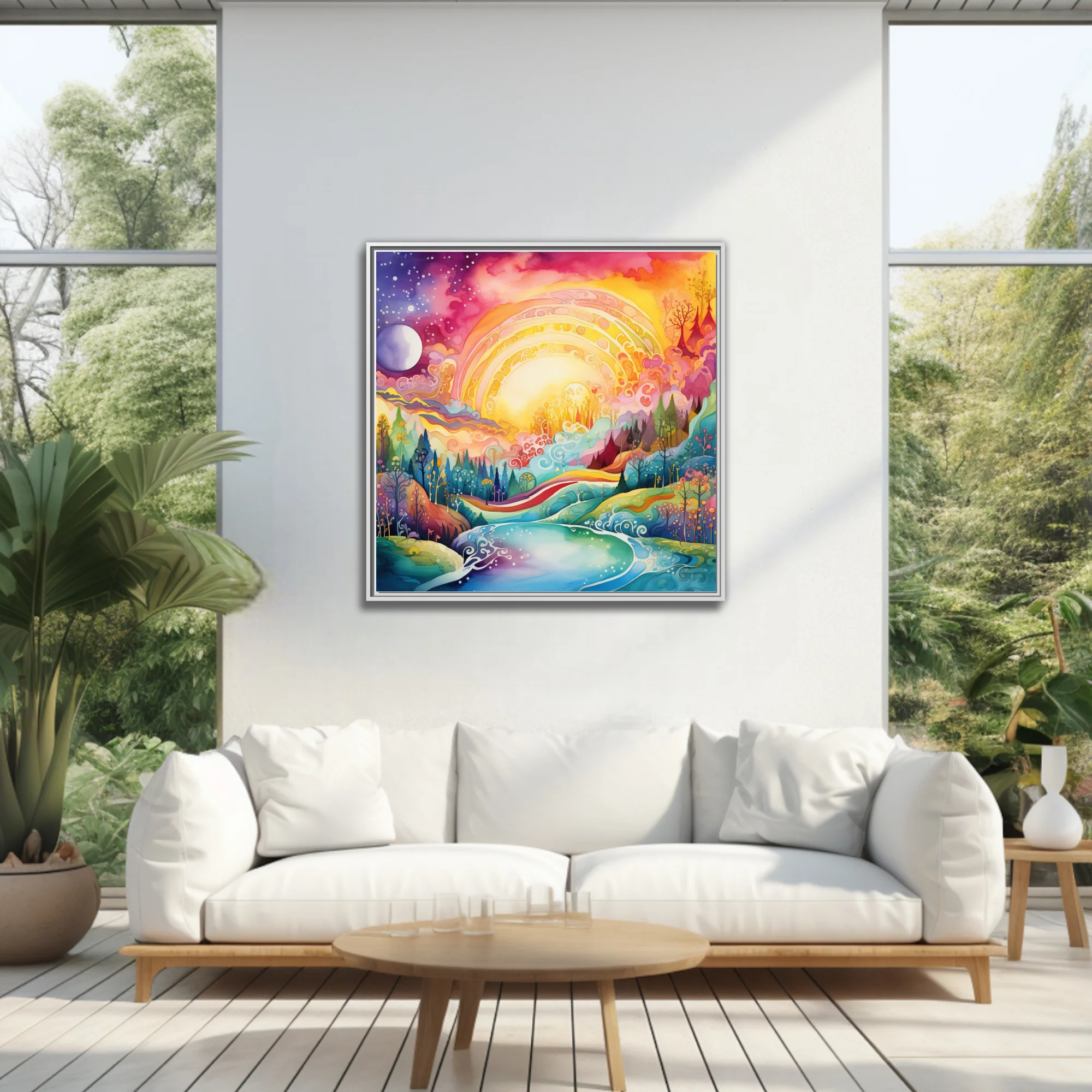 Psychedelic fantasy landscape watercolor-style art, glowing sun, rainbow palette, swirling river