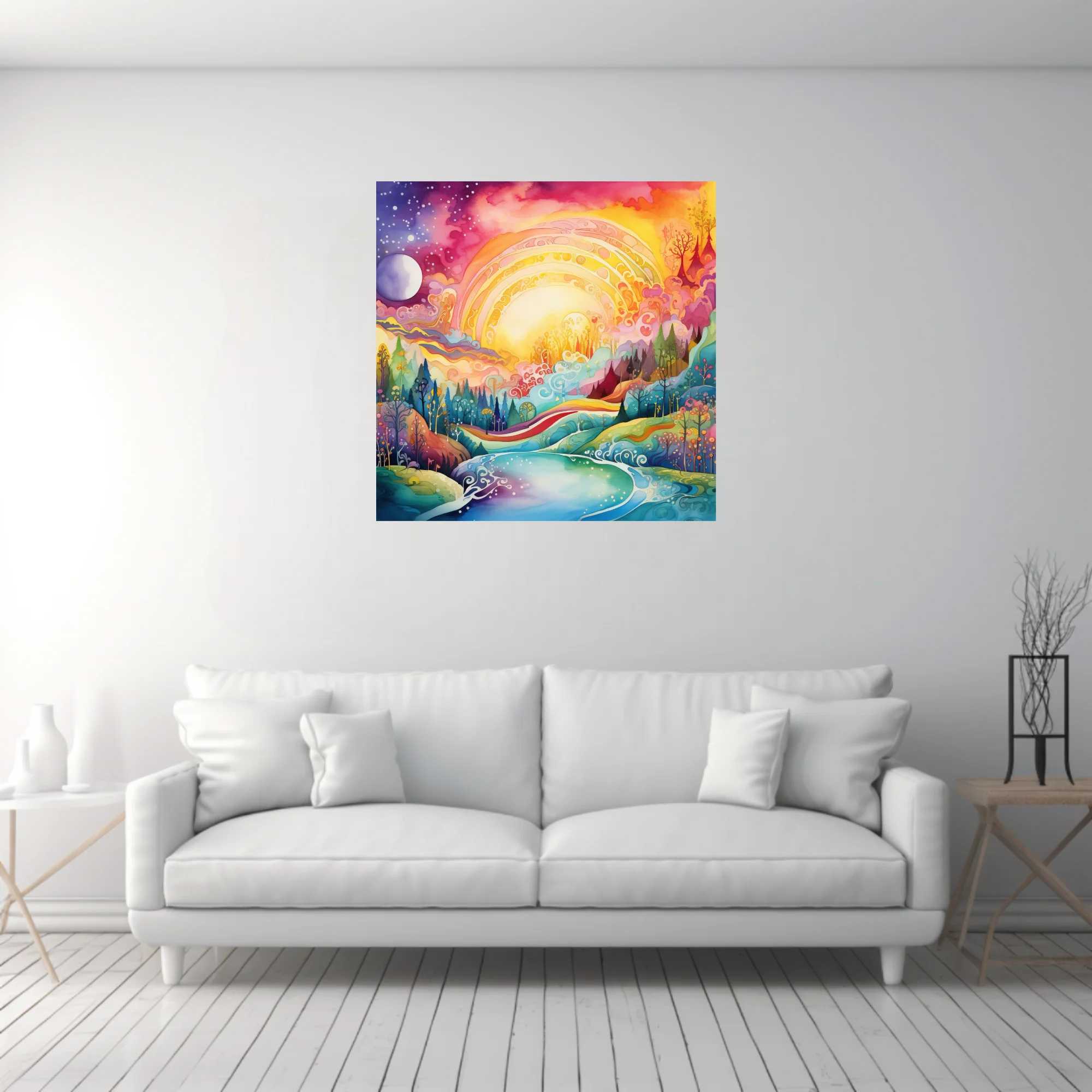 Psychedelic fantasy landscape watercolor-style art, glowing sun, rainbow palette, swirling river