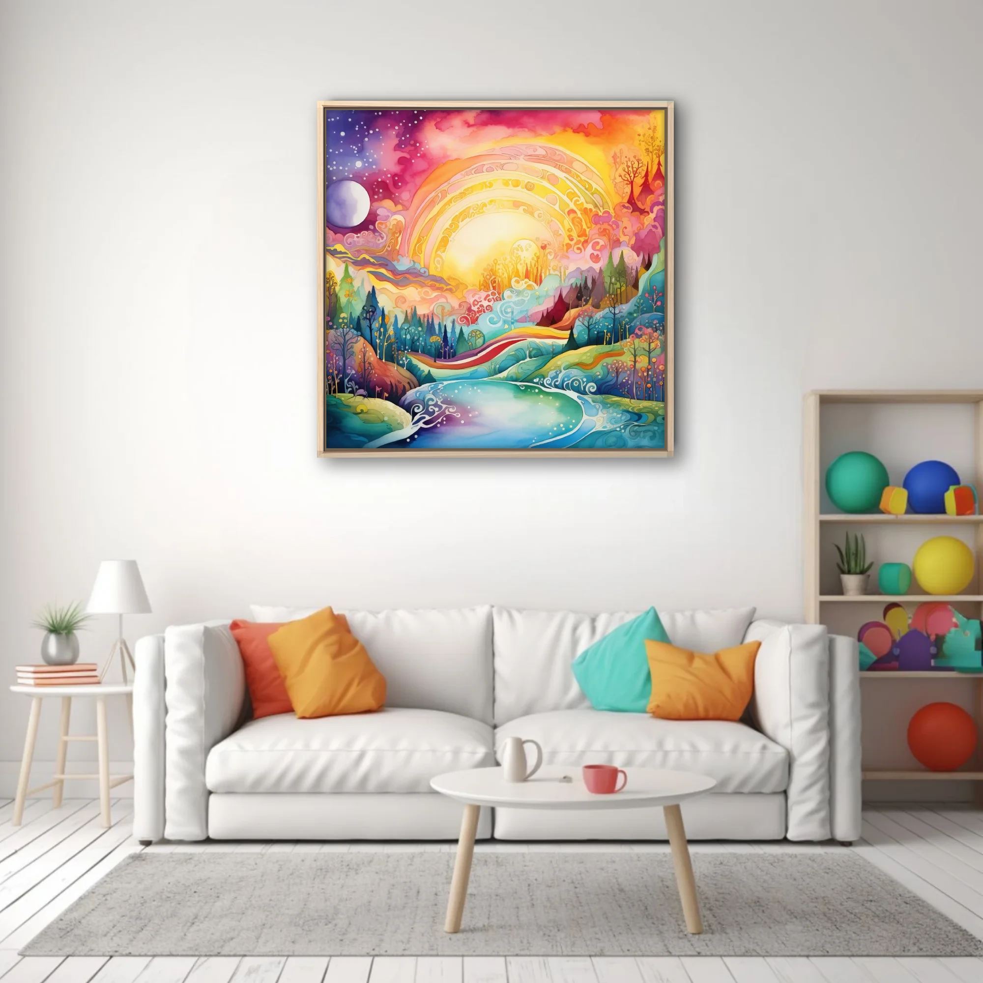 Psychedelic fantasy landscape watercolor-style art, glowing sun, rainbow palette, swirling river