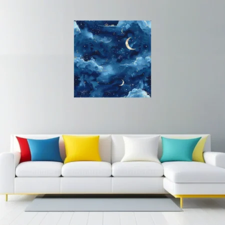 Watercolor-style night sky with golden crescent moons, stars, and glowing blue clouds