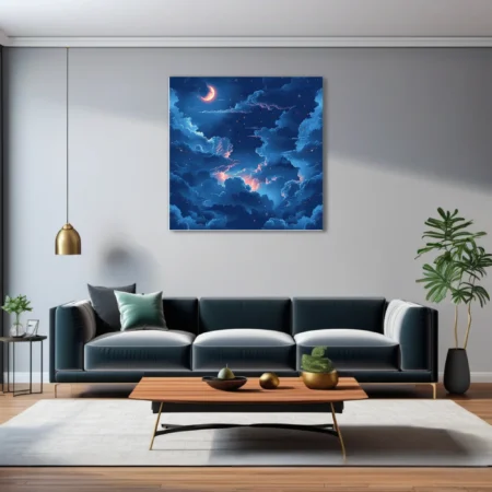 Stylized dreamy night sky with glowing clouds, crescent moon, and stars in deep blue