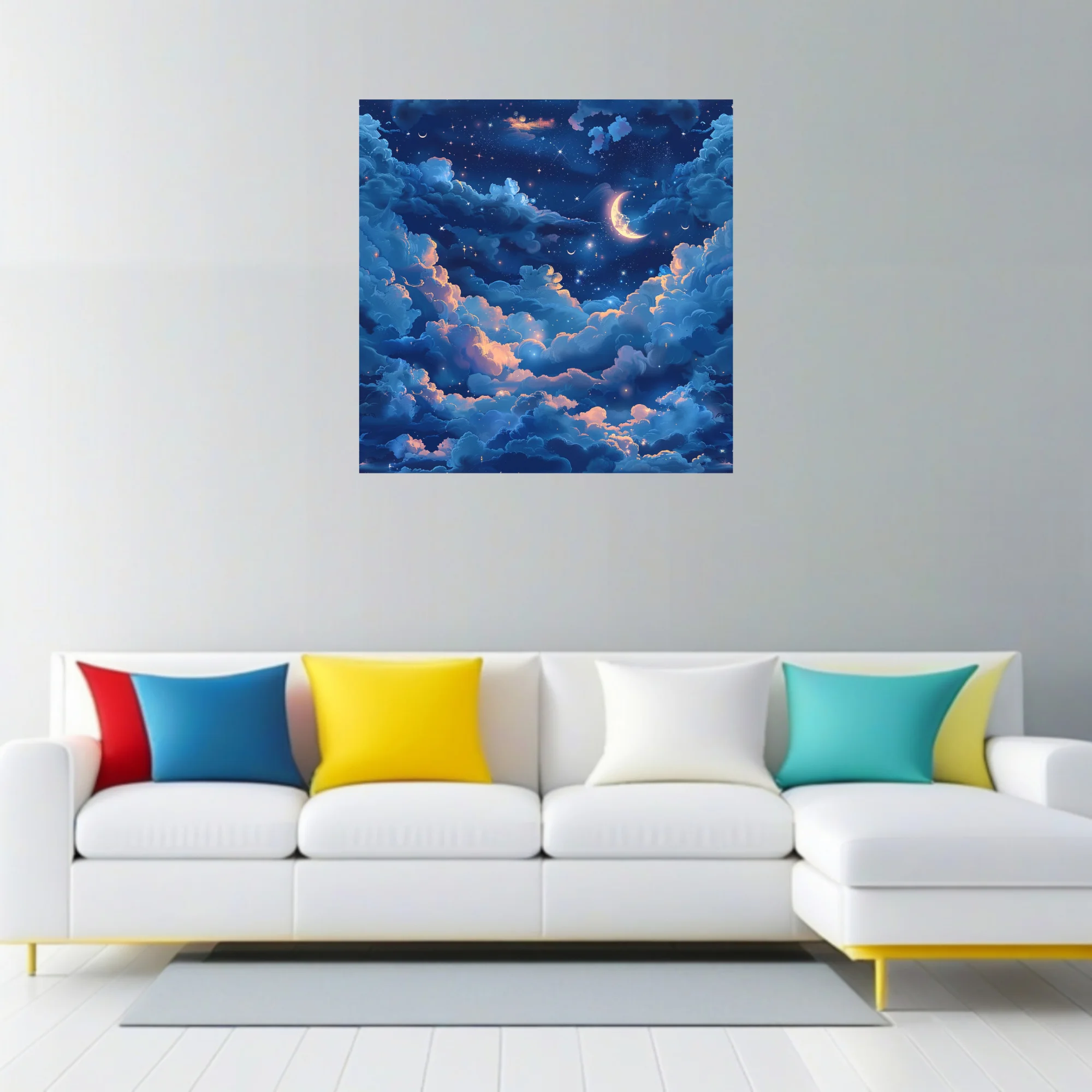 Fantasy night sky illustration with glowing clouds, crescent moon, and stars in deep blue