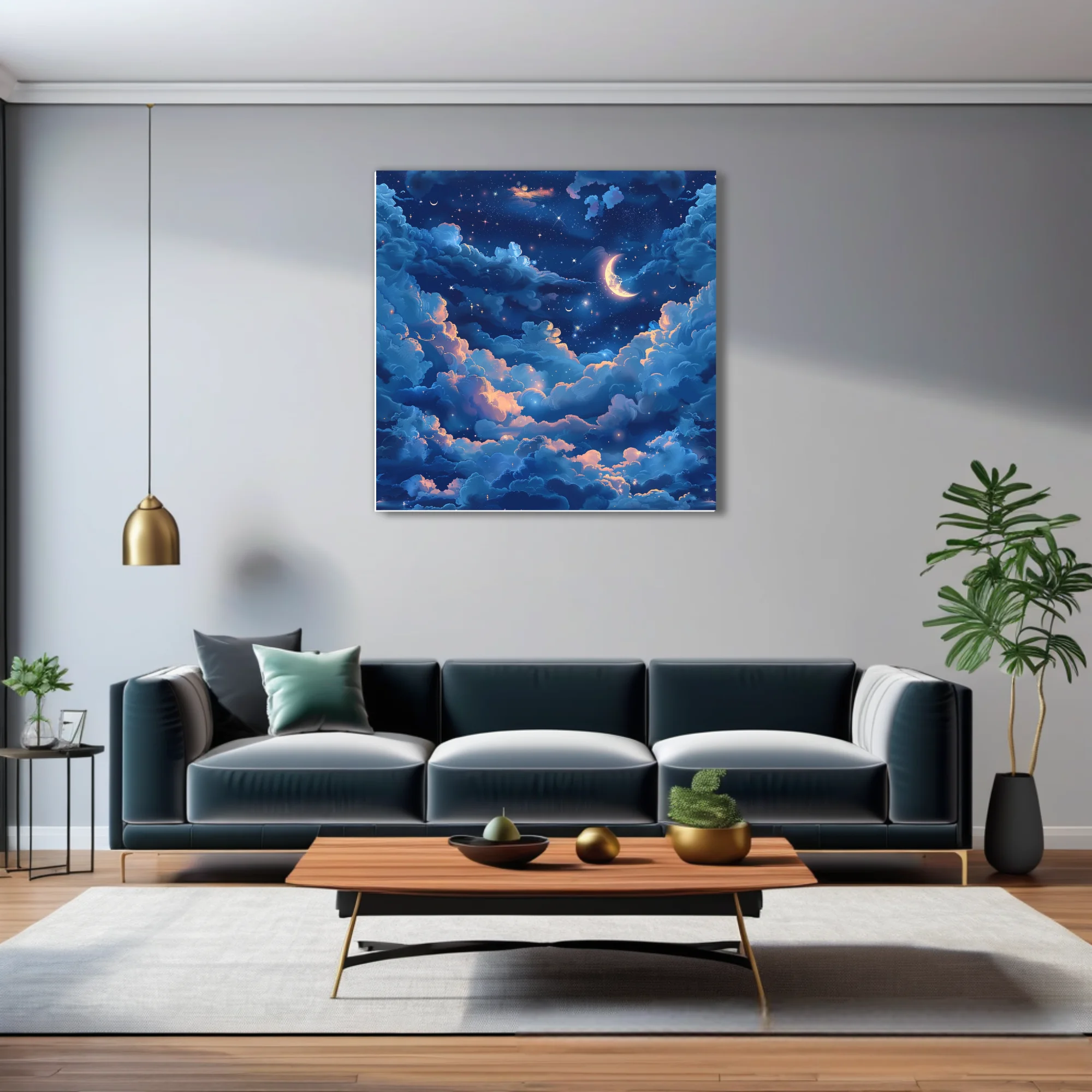 Fantasy night sky illustration with glowing clouds, crescent moon, and stars in deep blue