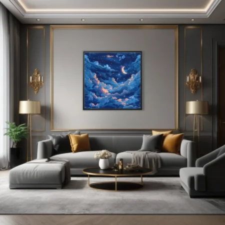Fantasy night sky illustration with glowing clouds, crescent moon, and stars in deep blue