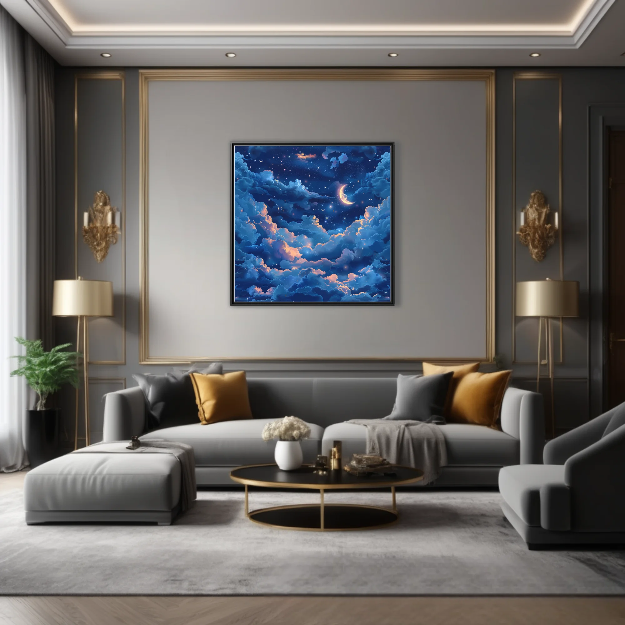 Fantasy night sky illustration with glowing clouds, crescent moon, and stars in deep blue