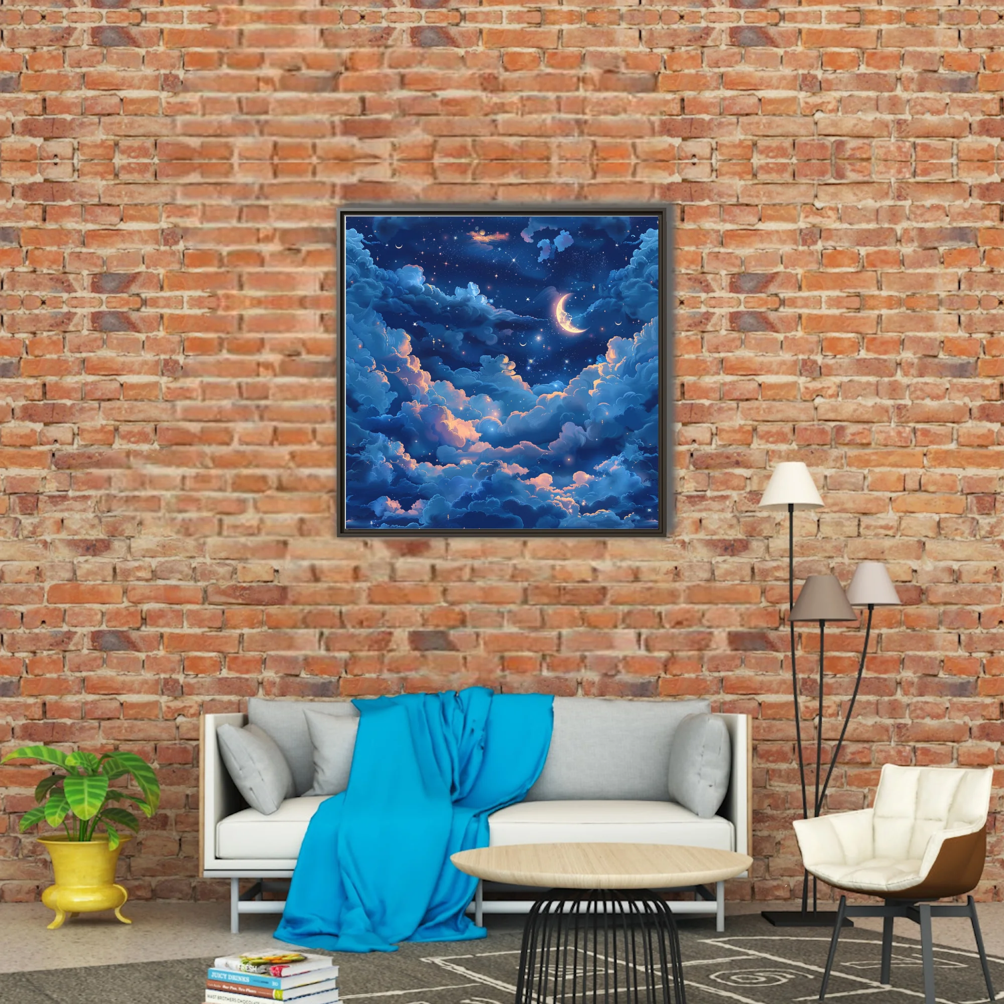 Fantasy night sky illustration with glowing clouds, crescent moon, and stars in deep blue