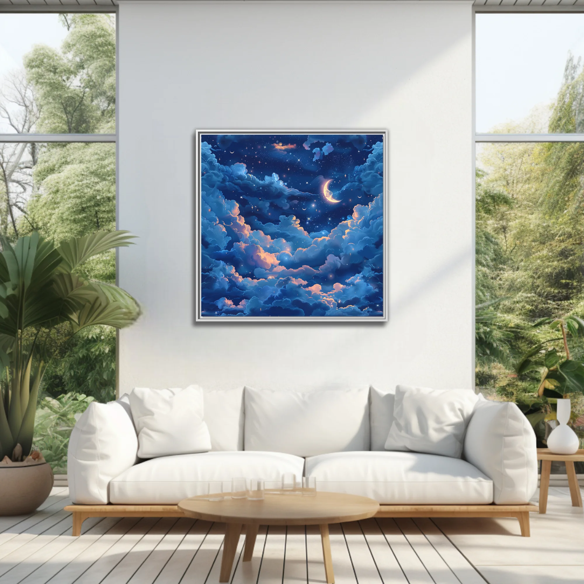 Fantasy night sky illustration with glowing clouds, crescent moon, and stars in deep blue
