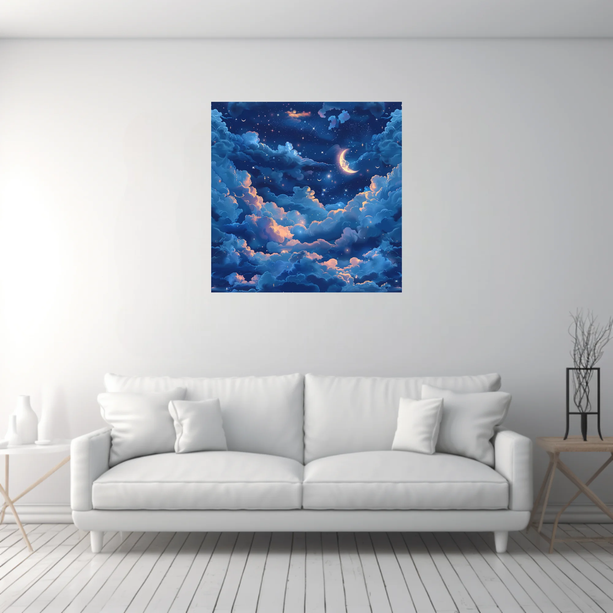 Fantasy night sky illustration with glowing clouds, crescent moon, and stars in deep blue
