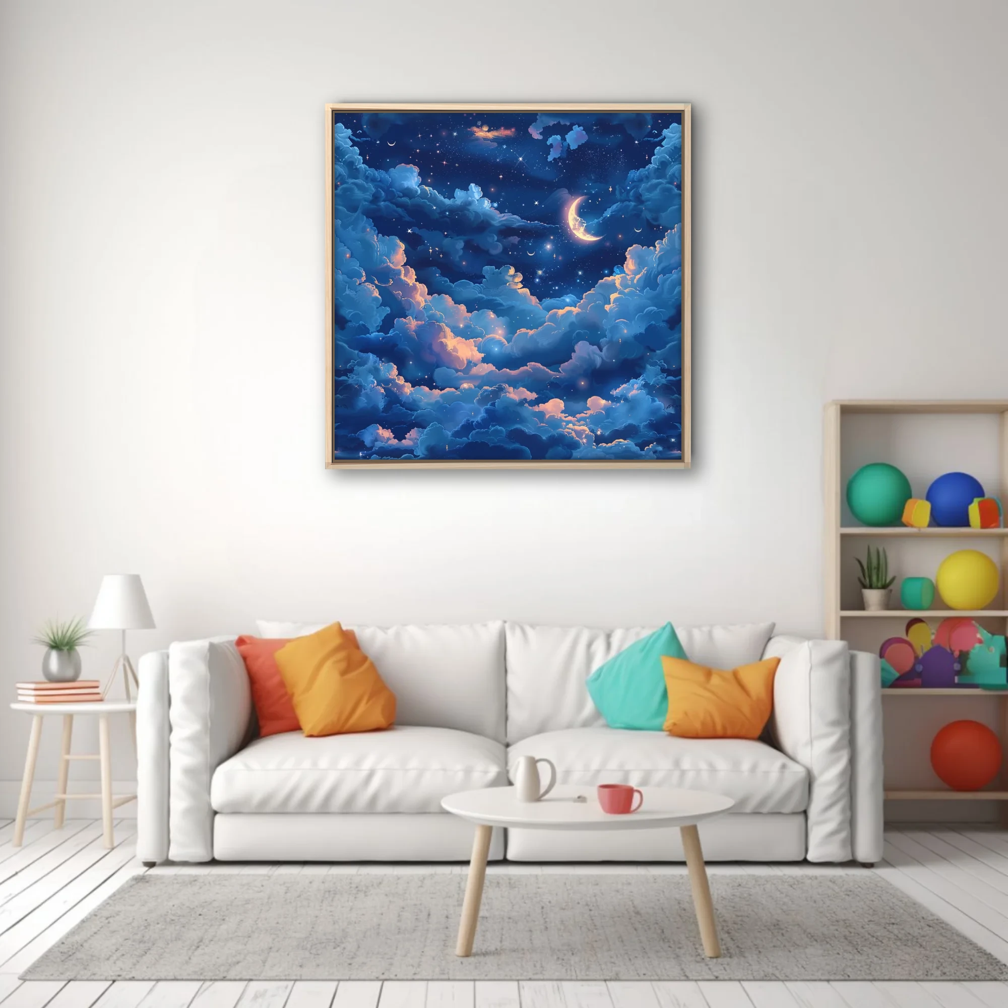 Fantasy night sky illustration with glowing clouds, crescent moon, and stars in deep blue