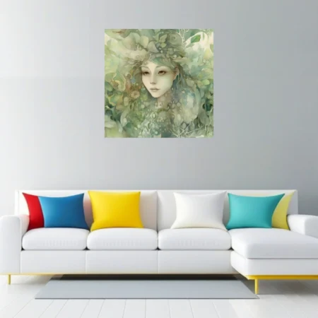 Watercolor-style dryad portrait with soft green botanical forms and ethereal mood