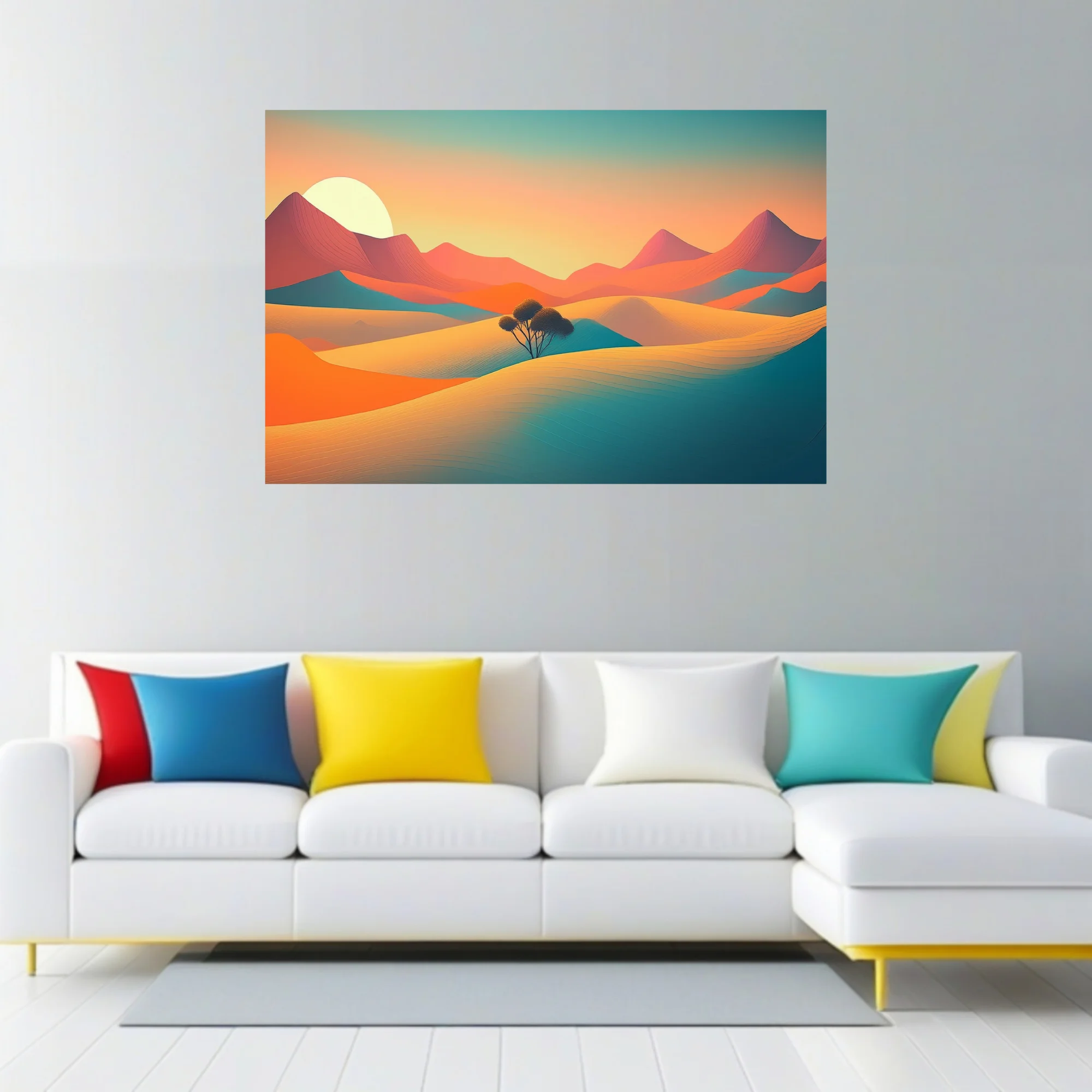 Minimalist desert landscape illustration with teal and terracotta dunes at sunset