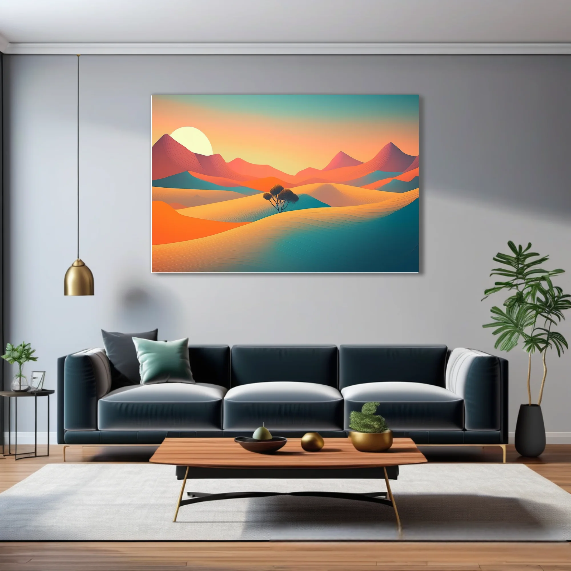 Minimalist desert landscape illustration with teal and terracotta dunes at sunset