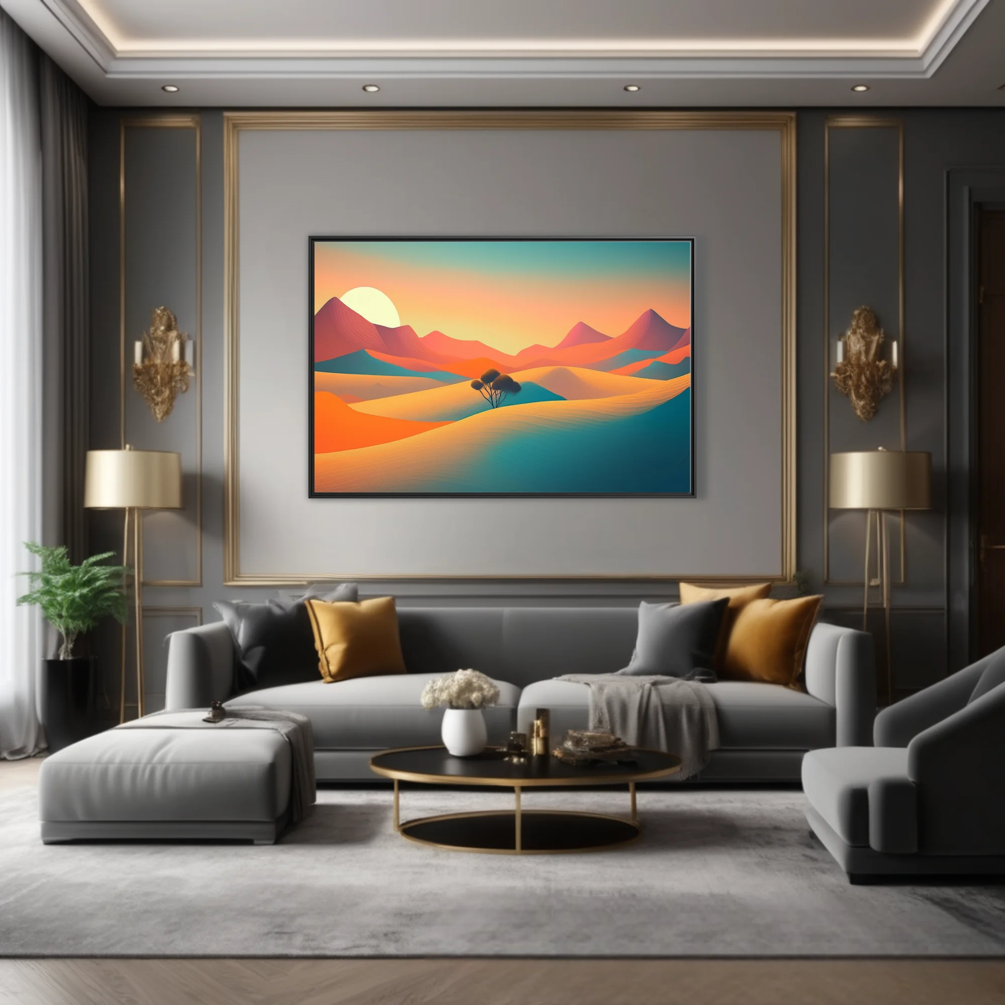Minimalist desert landscape illustration with teal and terracotta dunes at sunset