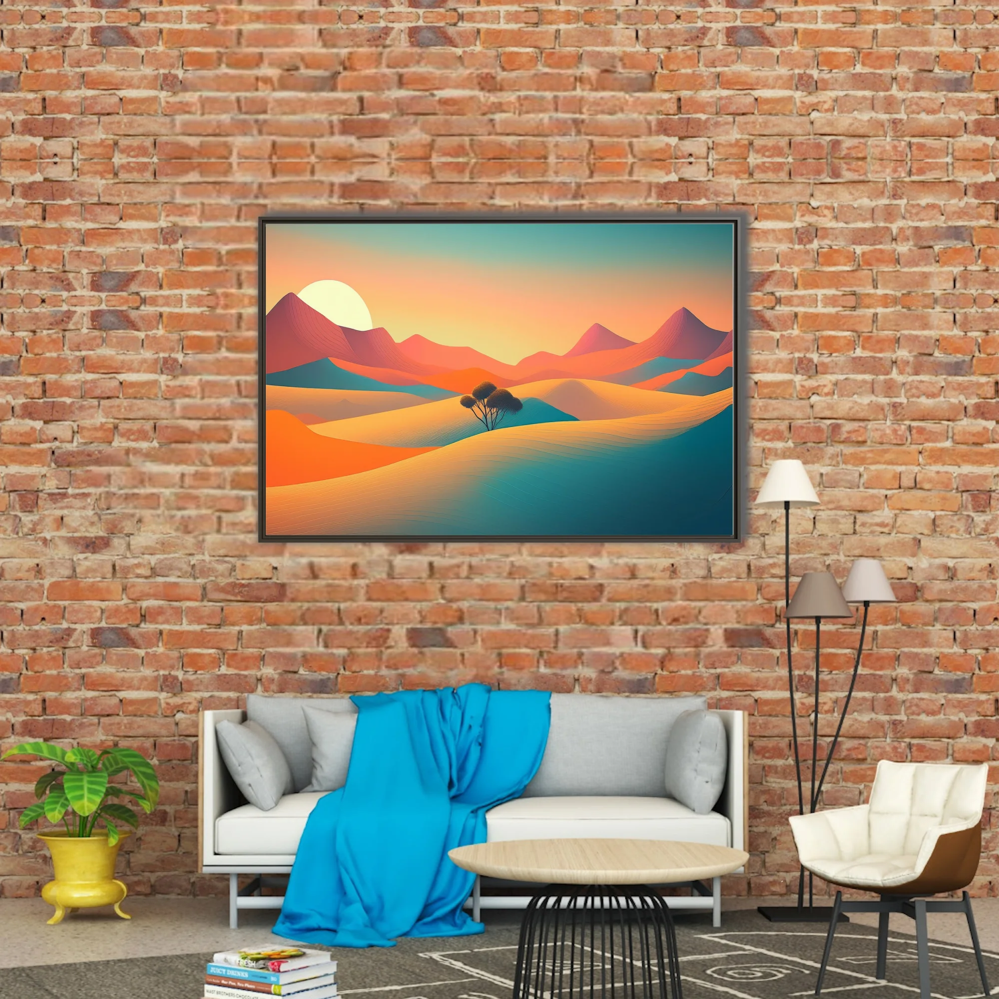 Minimalist desert landscape illustration with teal and terracotta dunes at sunset