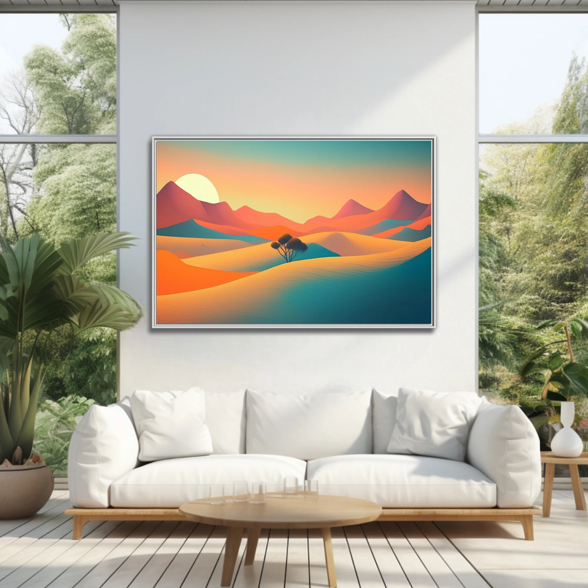 Minimalist desert landscape illustration with teal and terracotta dunes at sunset