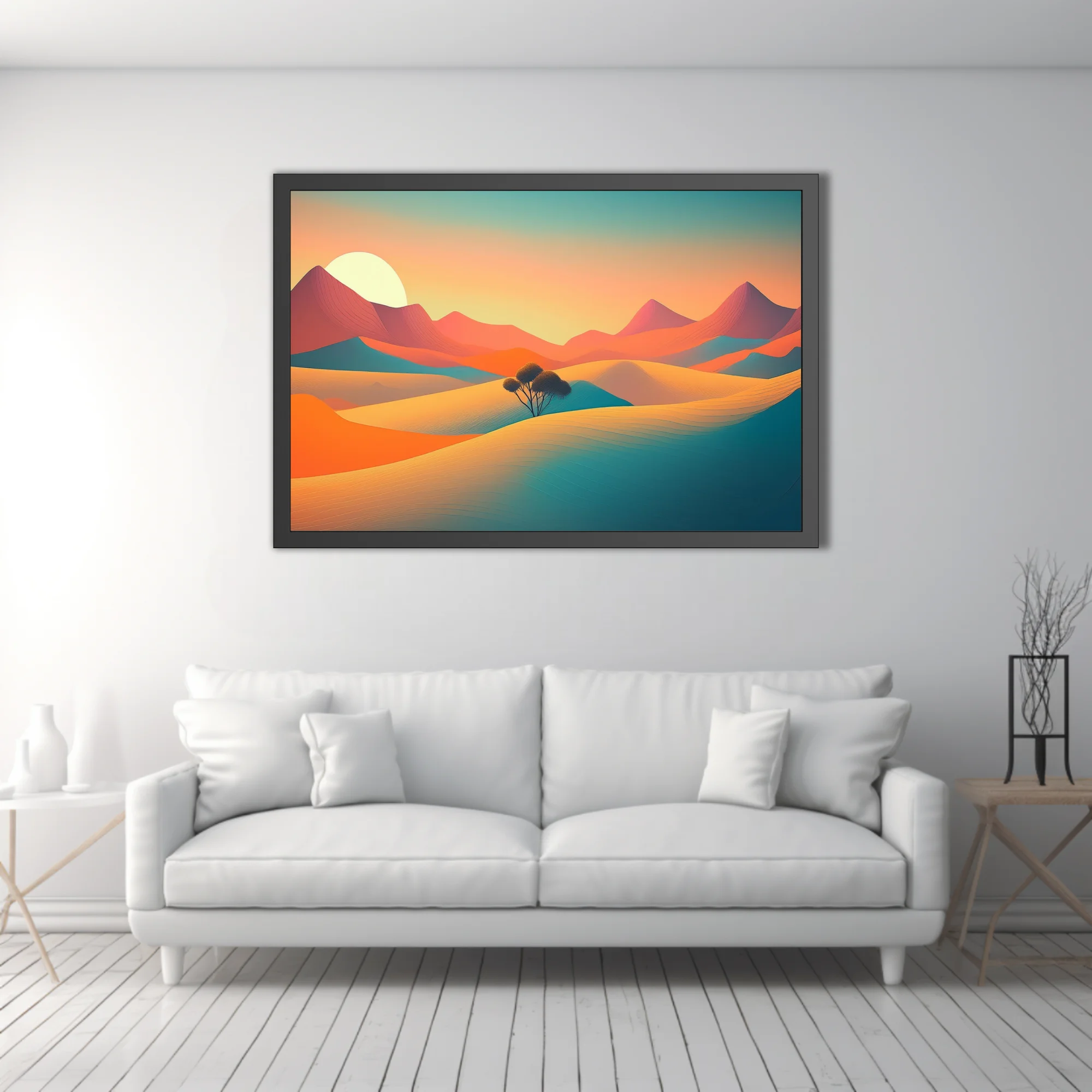 Minimalist desert landscape illustration with teal and terracotta dunes at sunset
