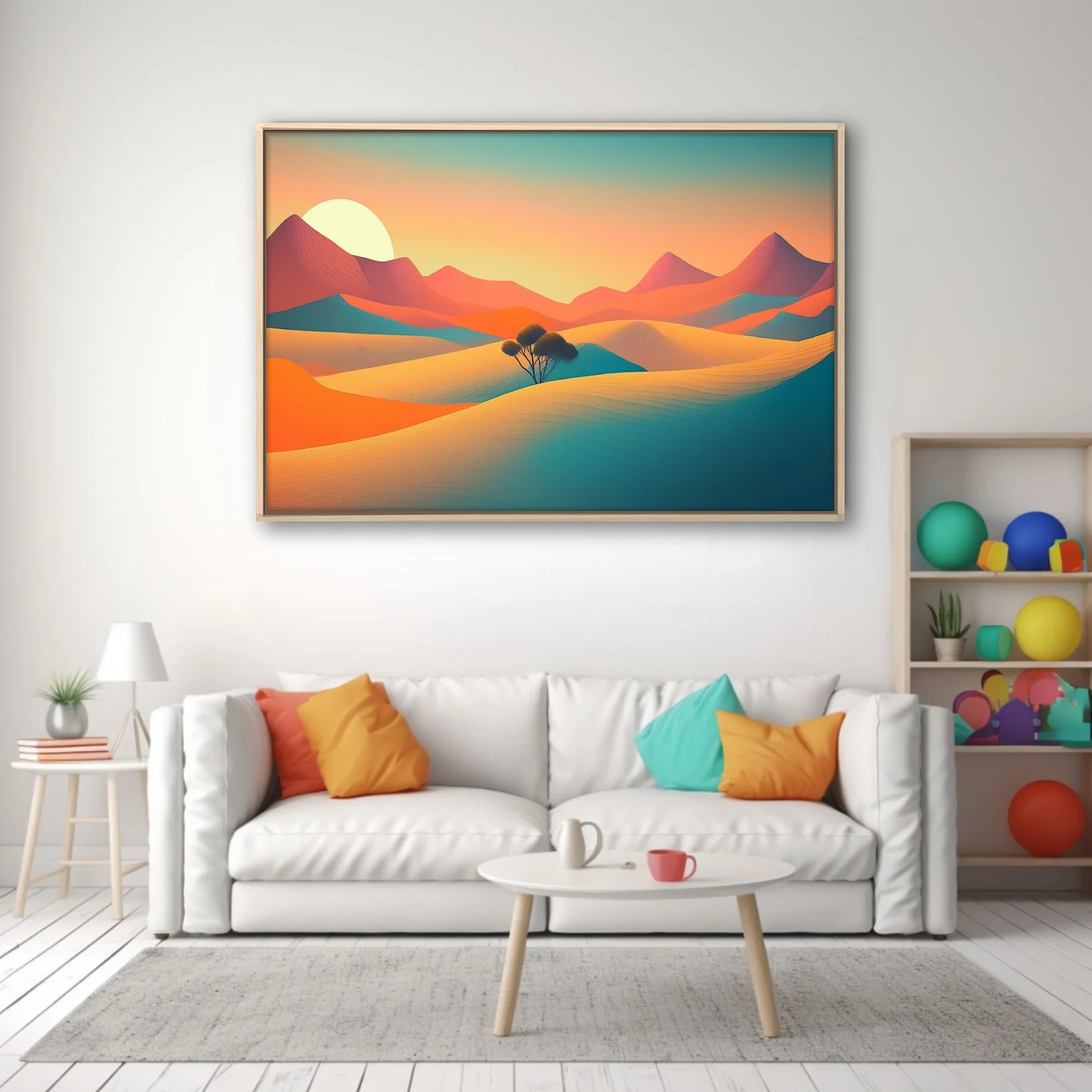 Minimalist desert landscape illustration with teal and terracotta dunes at sunset