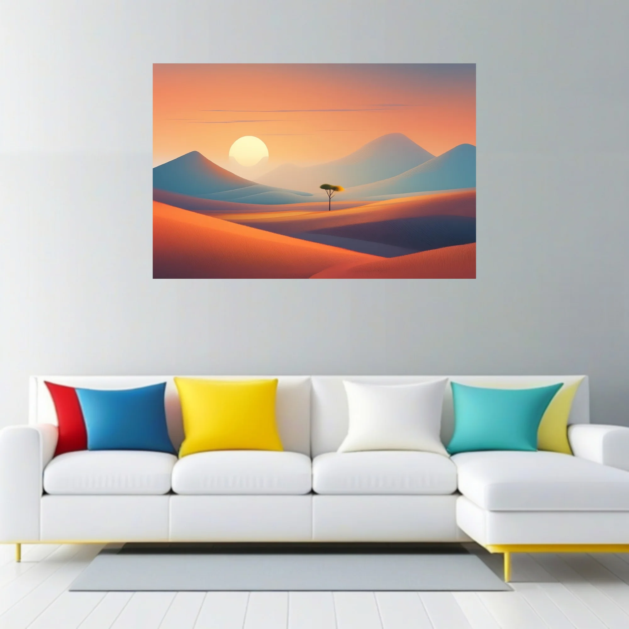 Minimalist desert sunset landscape with warm orange dunes, cool mountains, and lone tree