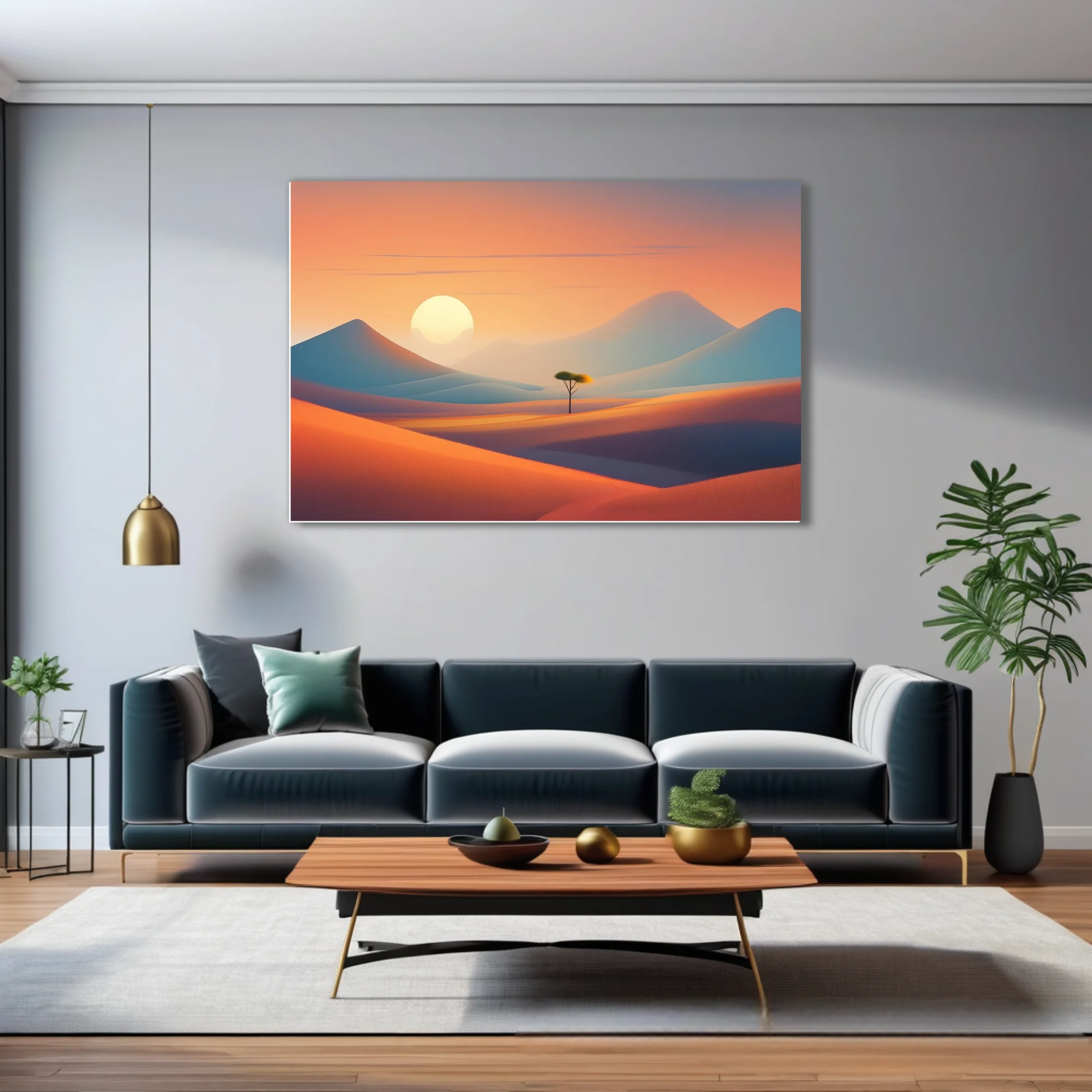 Minimalist desert sunset landscape with warm orange dunes, cool mountains, and lone tree