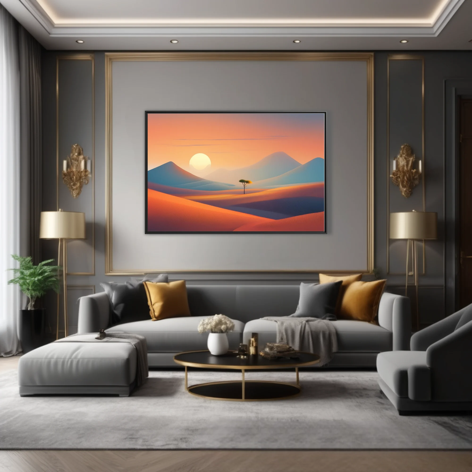 Minimalist desert sunset landscape with warm orange dunes, cool mountains, and lone tree