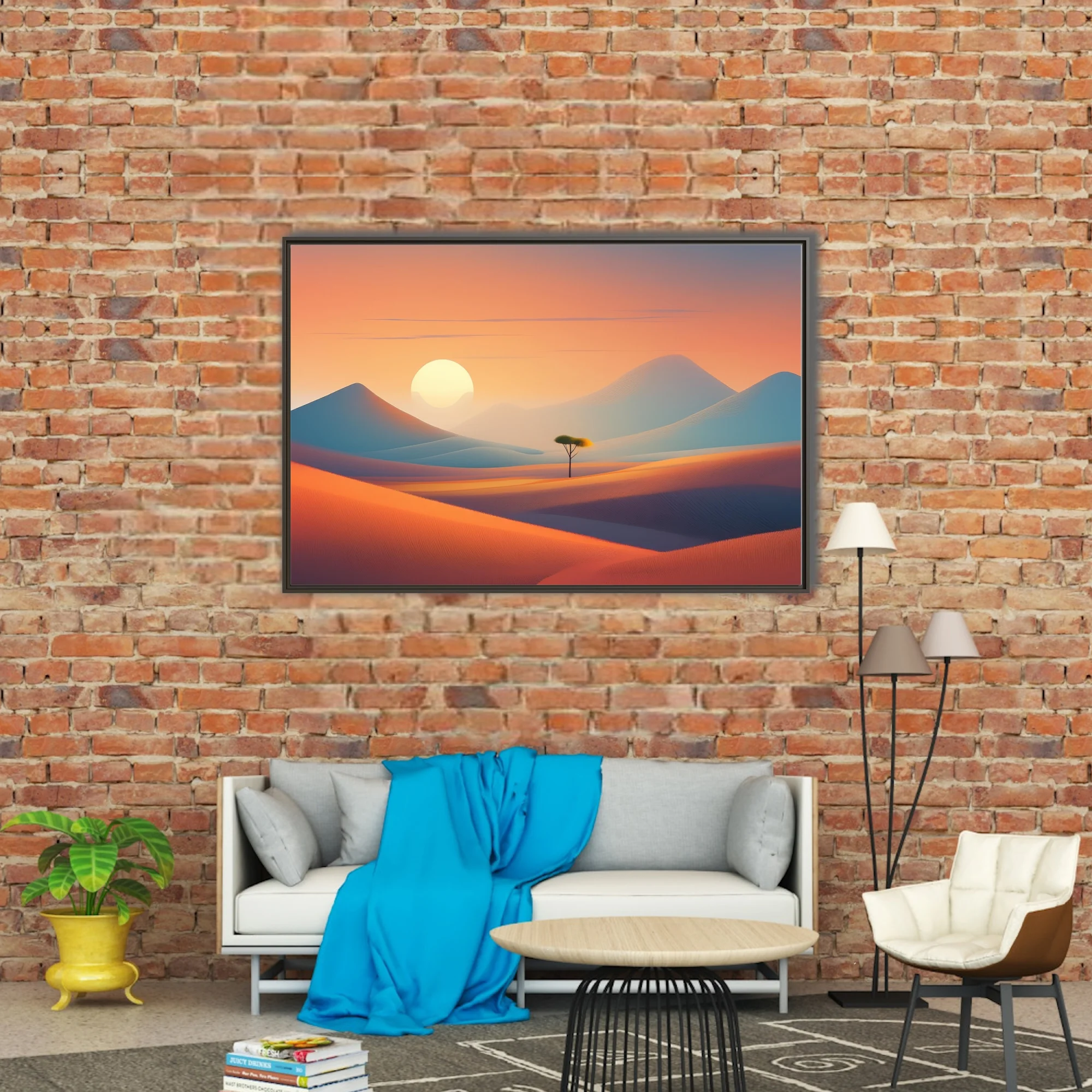 Minimalist desert sunset landscape with warm orange dunes, cool mountains, and lone tree