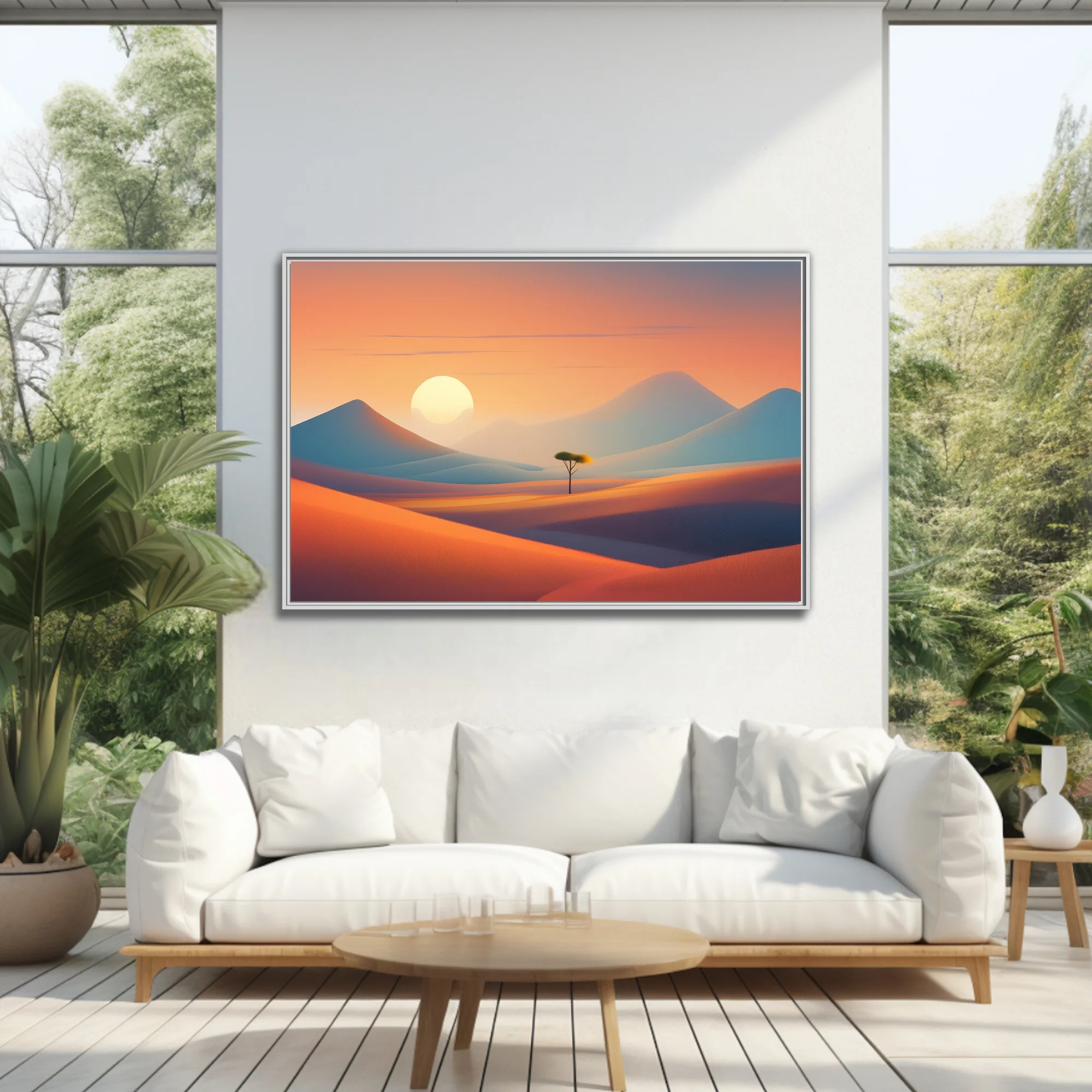 Minimalist desert sunset landscape with warm orange dunes, cool mountains, and lone tree
