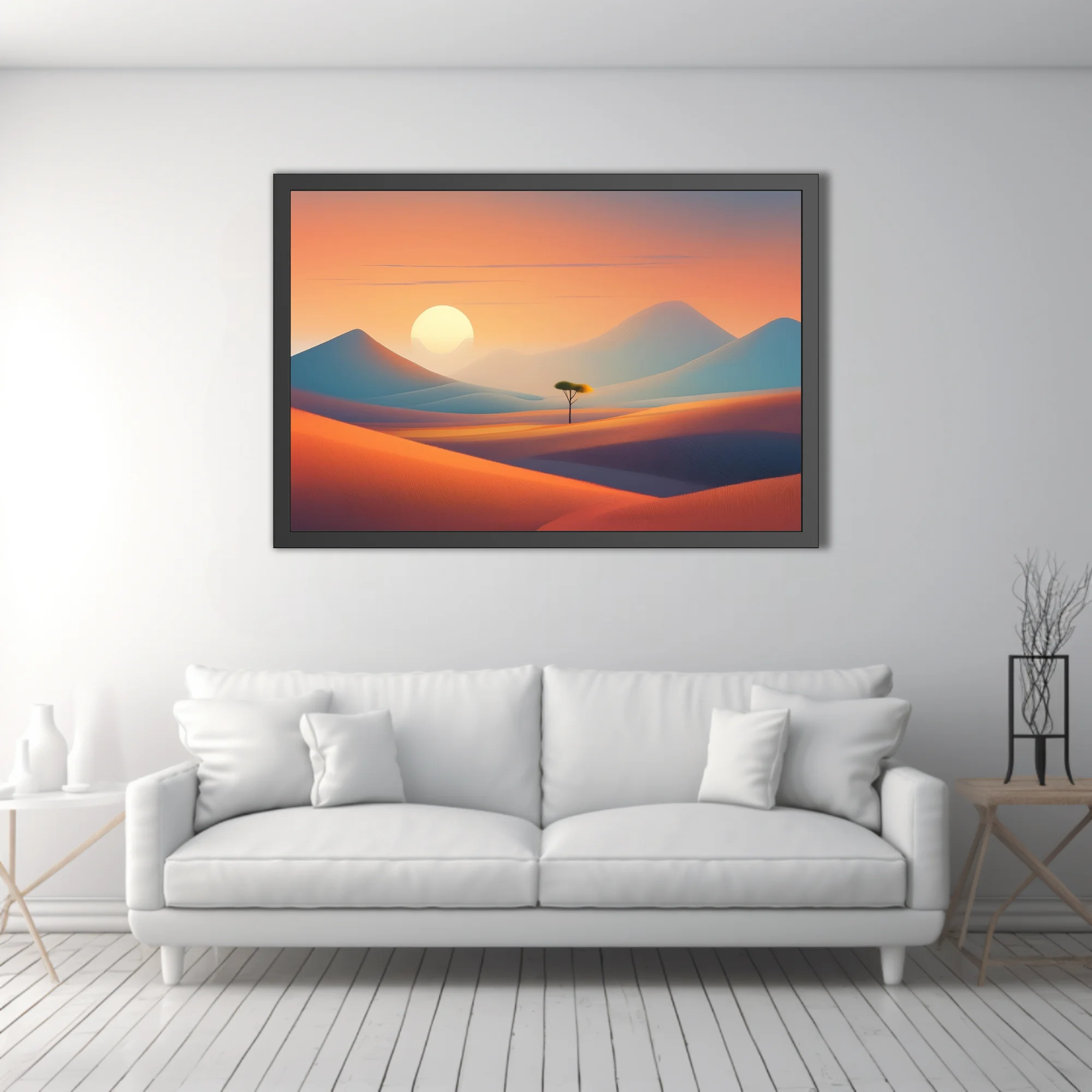 Minimalist desert sunset landscape with warm orange dunes, cool mountains, and lone tree