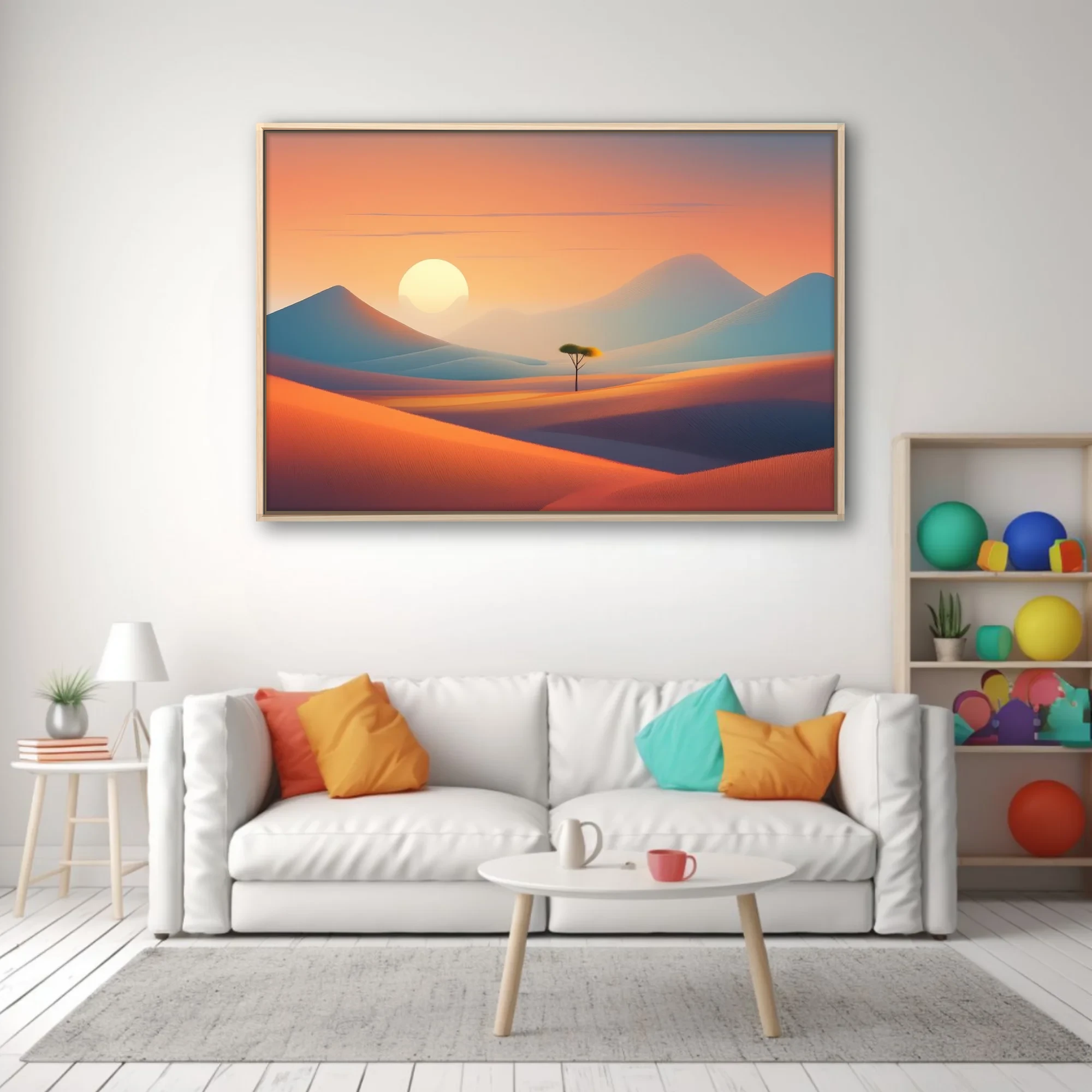 Minimalist desert sunset landscape with warm orange dunes, cool mountains, and lone tree