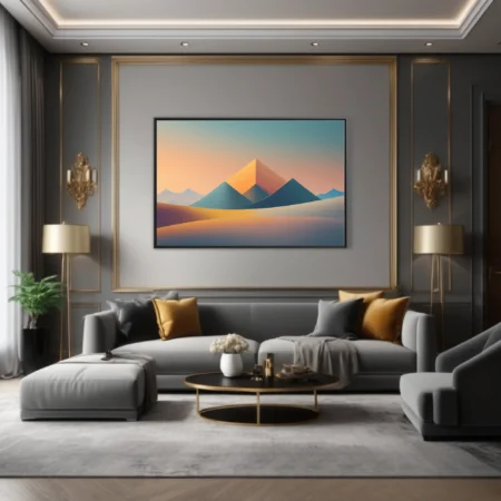 Minimalist abstract desert landscape with geometric pyramids, warm amber and teal gradient palette